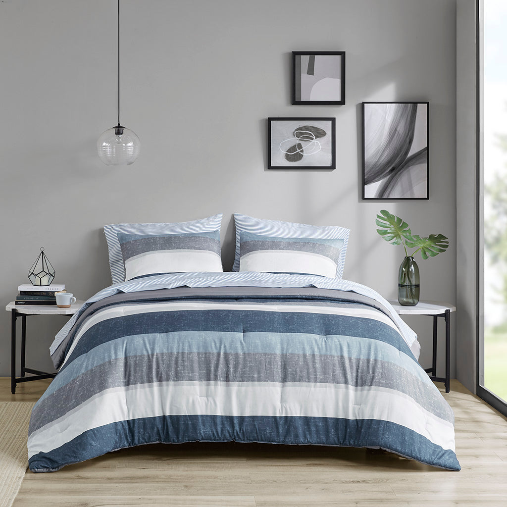 Stripe Comforter Set with Bed Sheets Blue/Grey Full