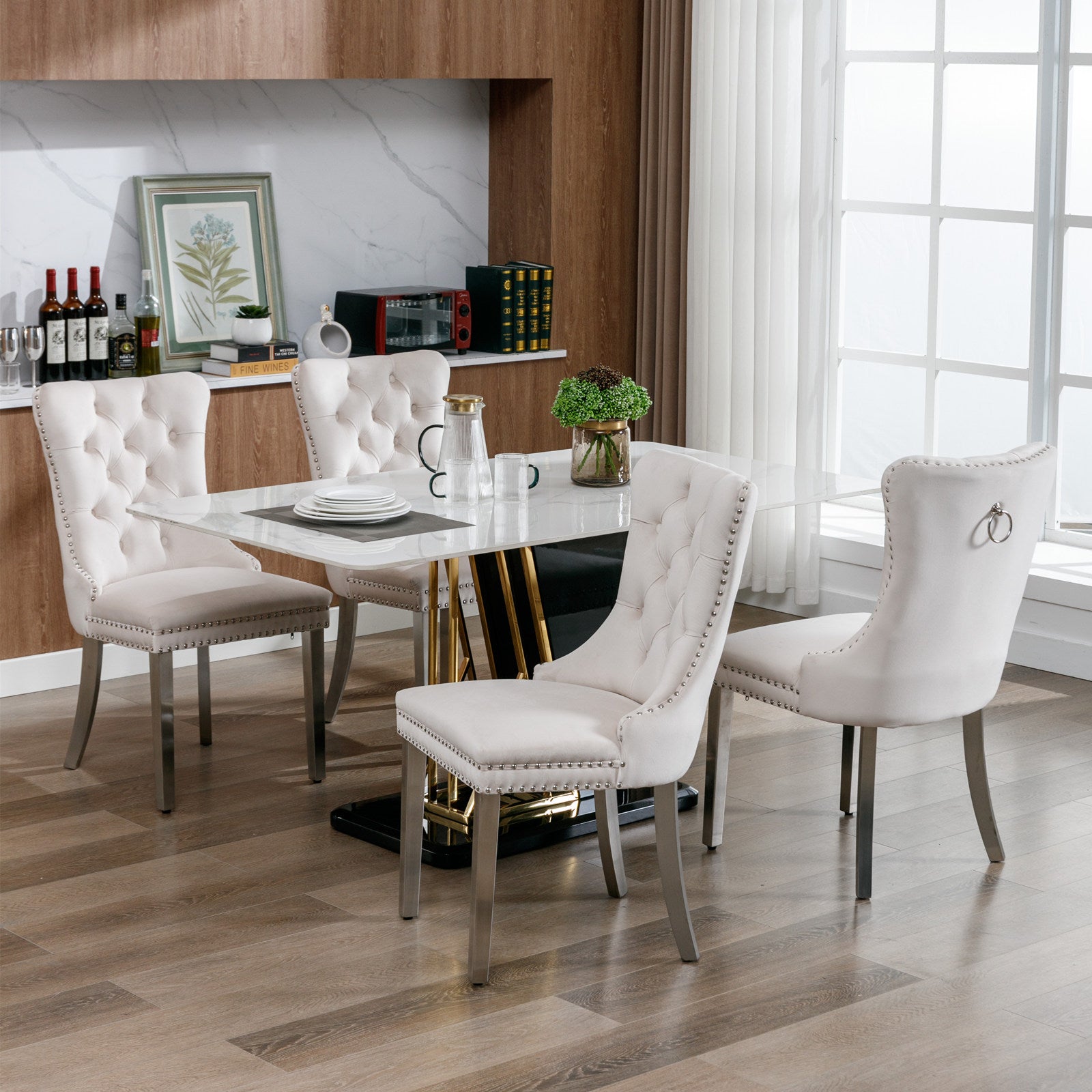Nikki Collection Modern, High-end Tufted Solid Wood Contemporary Velvet Upholstered Dining Chair with Chrome Stainless Steel Plating Legs,Nailhead Trim,Set of 2，Beige and Chrome, SW1701BG