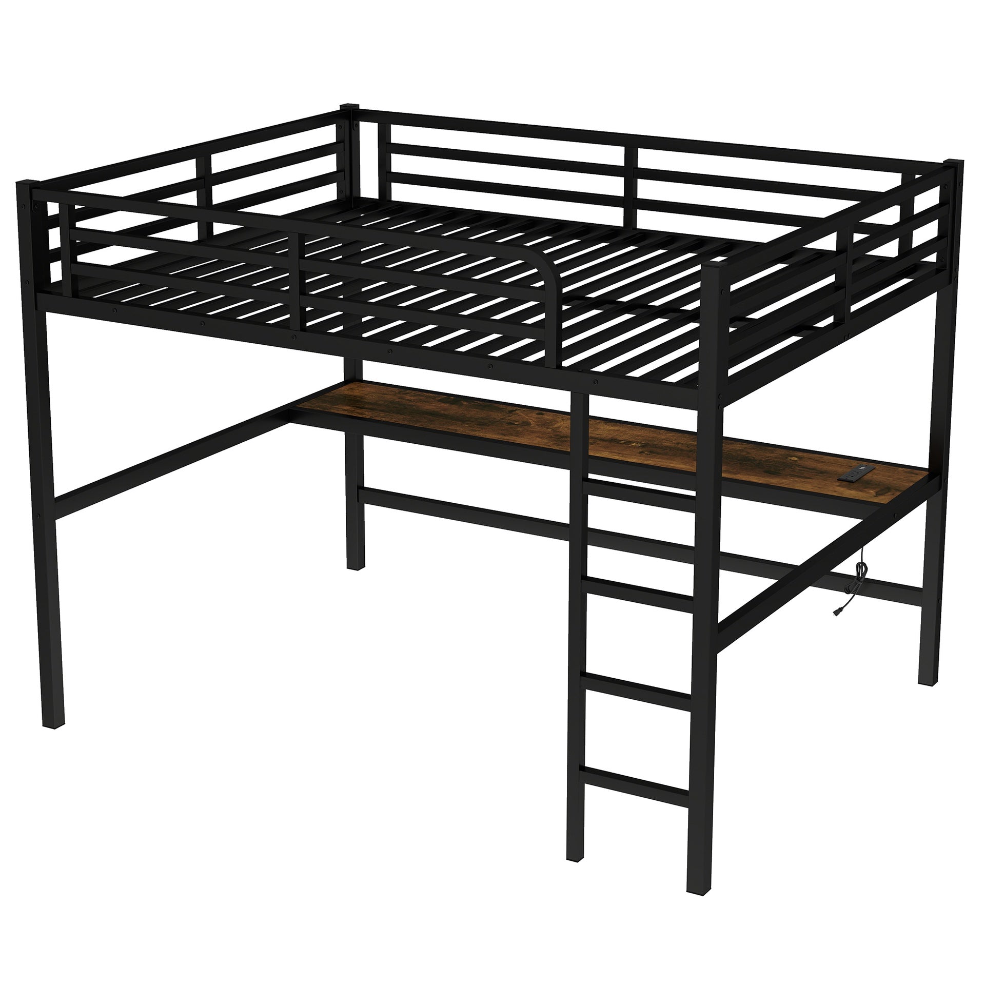 Metal Queen Size Loft Bed with Power Outlet and LED Lighted, Space-Saving, Noise Reduced, Black