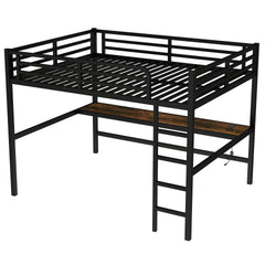 Metal Queen Size Loft Bed with Power Outlet and LED Lighted, Space-Saving, Noise Reduced, Black