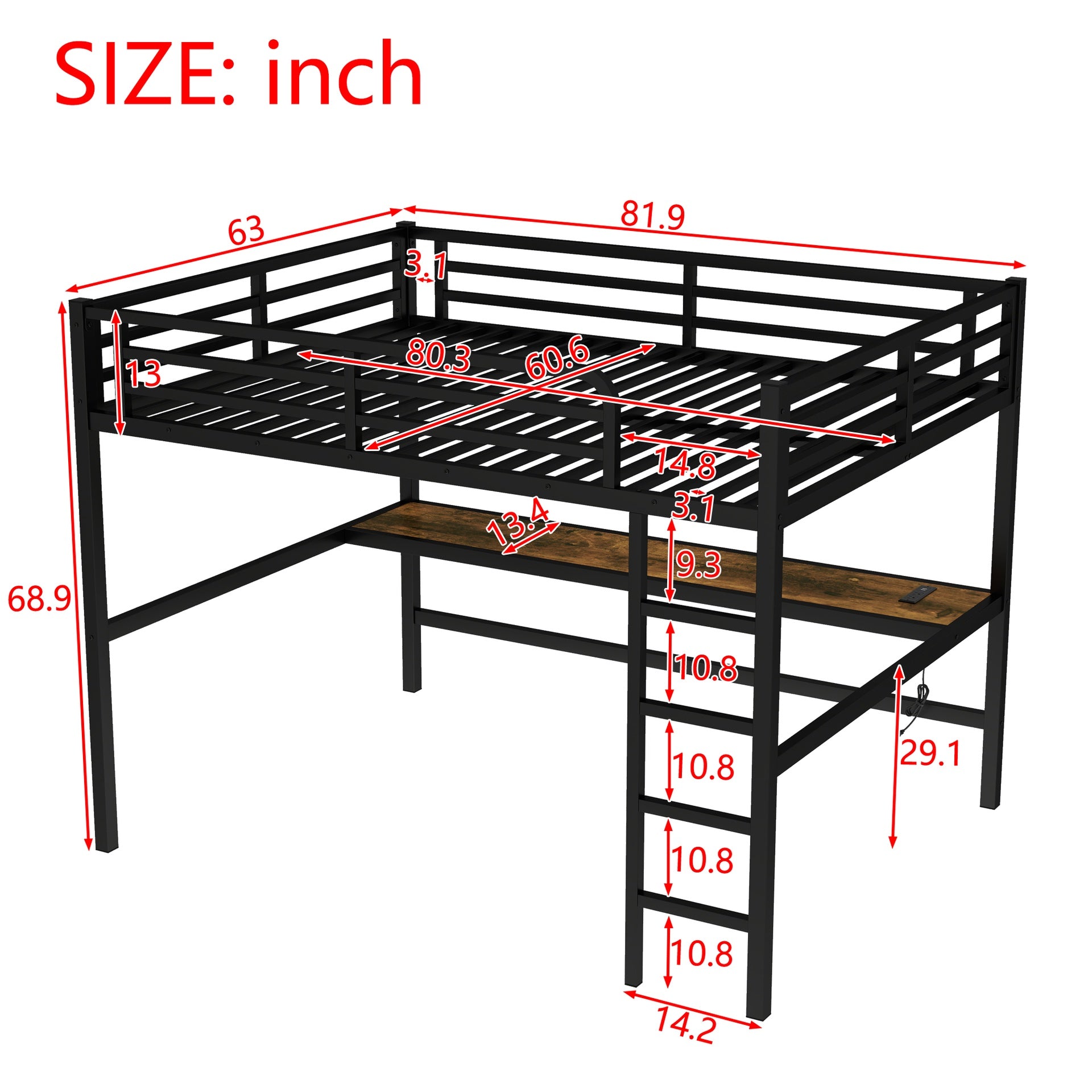 Metal Queen Size Loft Bed with Power Outlet and LED Lighted, Space-Saving, Noise Reduced, Black