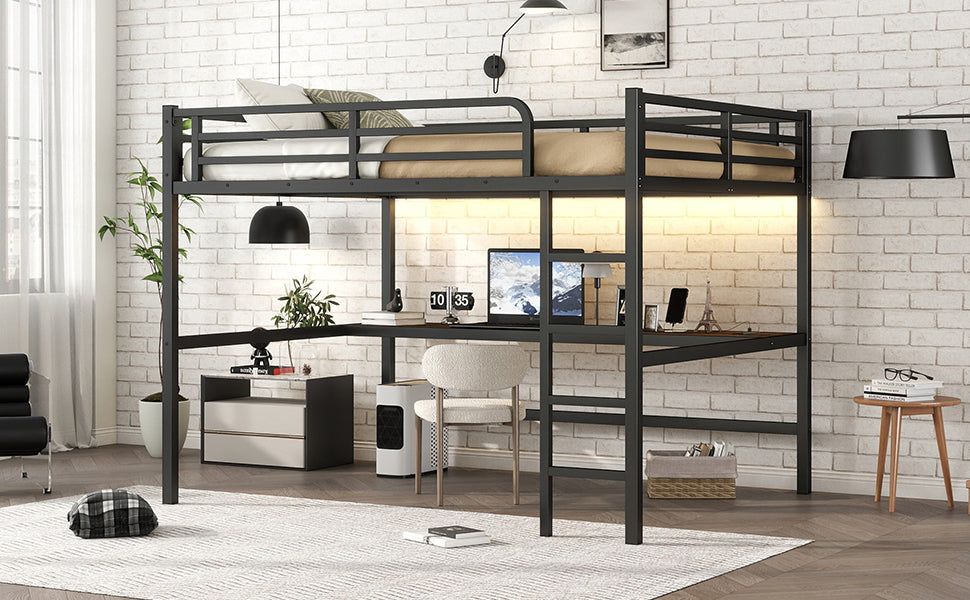 Metal Queen Size Loft Bed with Power Outlet and LED Lighted, Space-Saving, Noise Reduced, Black