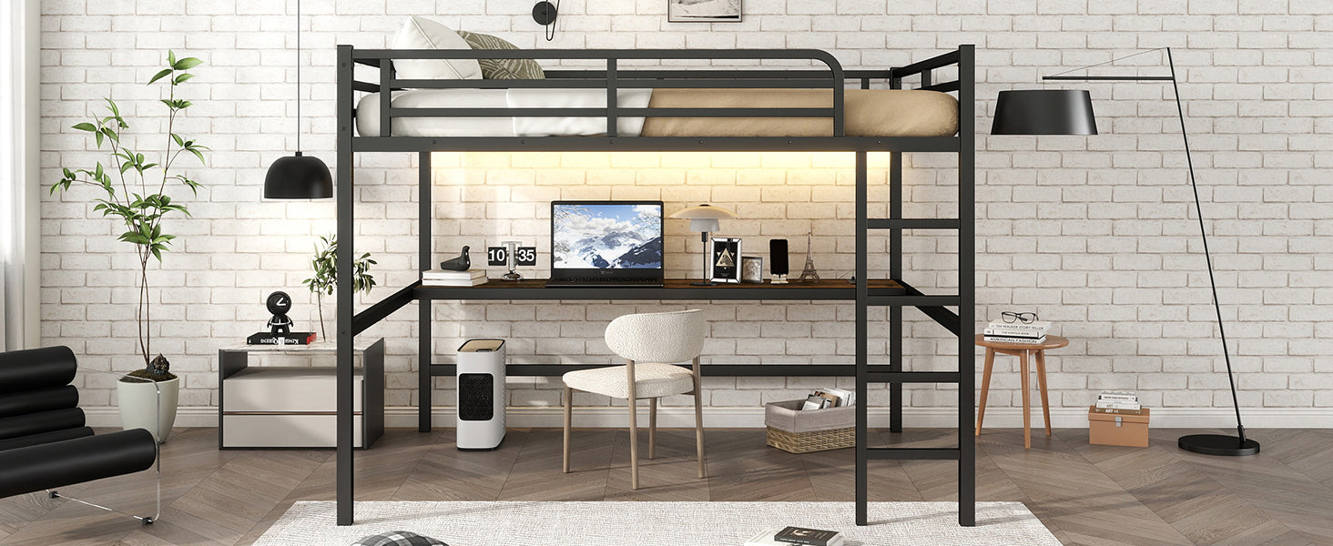 Metal Queen Size Loft Bed with Power Outlet and LED Lighted, Space-Saving, Noise Reduced, Black