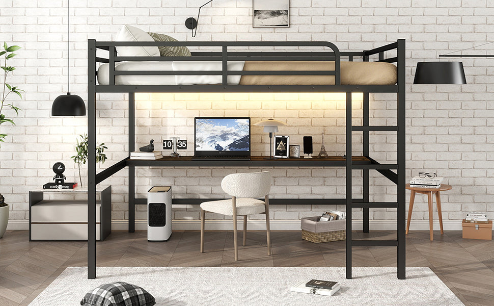 Metal Queen Size Loft Bed with Power Outlet and LED Lighted, Space-Saving, Noise Reduced, Black