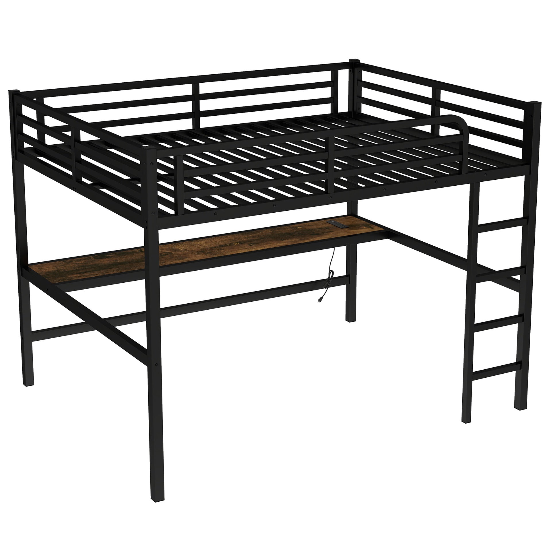 Metal Queen Size Loft Bed with Power Outlet and LED Lighted, Space-Saving, Noise Reduced, Black