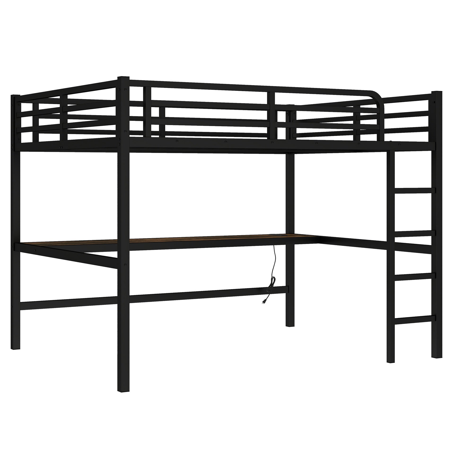 Metal Queen Size Loft Bed with Power Outlet and LED Lighted, Space-Saving, Noise Reduced, Black