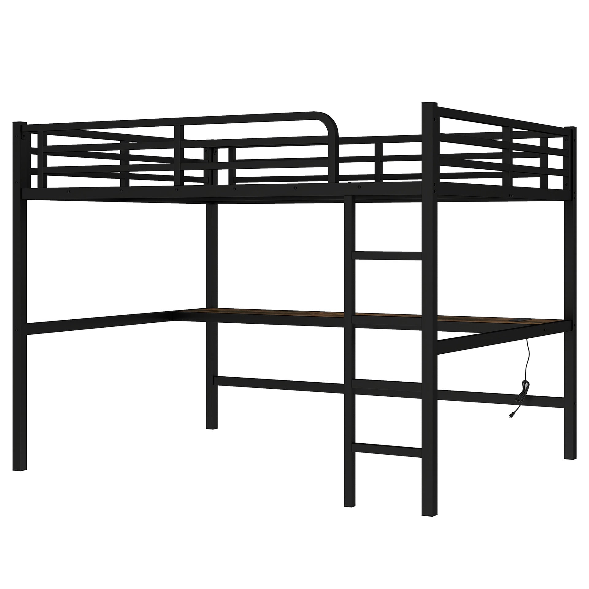 Metal Queen Size Loft Bed with Power Outlet and LED Lighted, Space-Saving, Noise Reduced, Black
