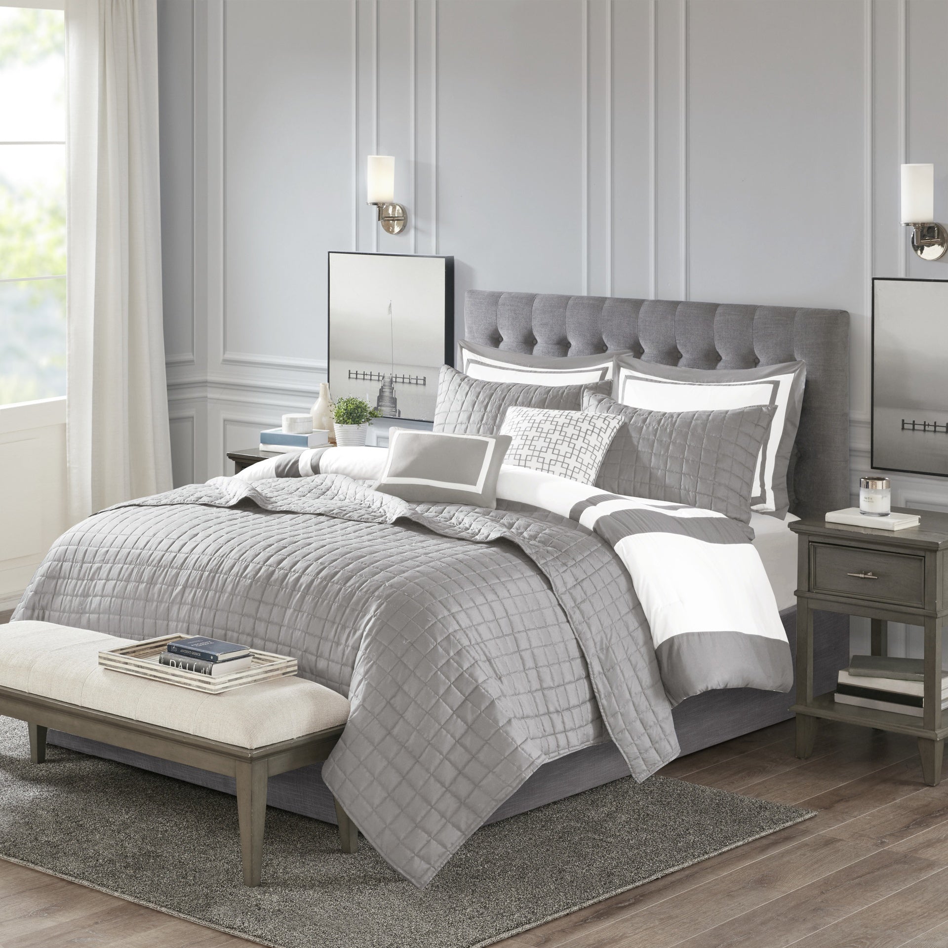8 Piece Comforter and Quilt Set Collection Grey Full/Queen