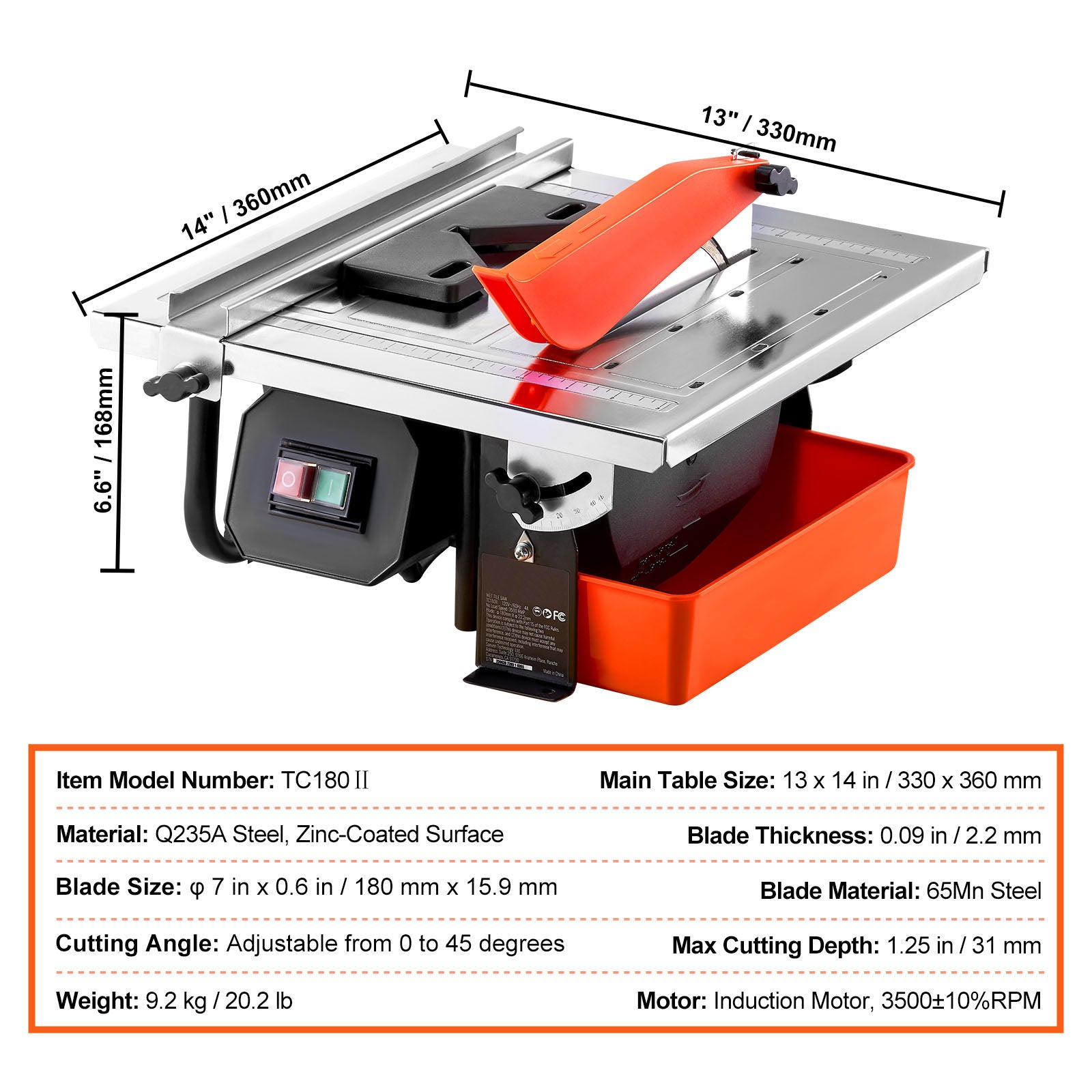Wet Tile Saw, 7-inch 65Mn Steel Blade, 3500 RPM Induction Motor, Tile Cutter Wet Saw with Water Reservoir, 0-45 Degrees Miter Angle for Cutting Tiles and Stones, for DIY Enthusiasts