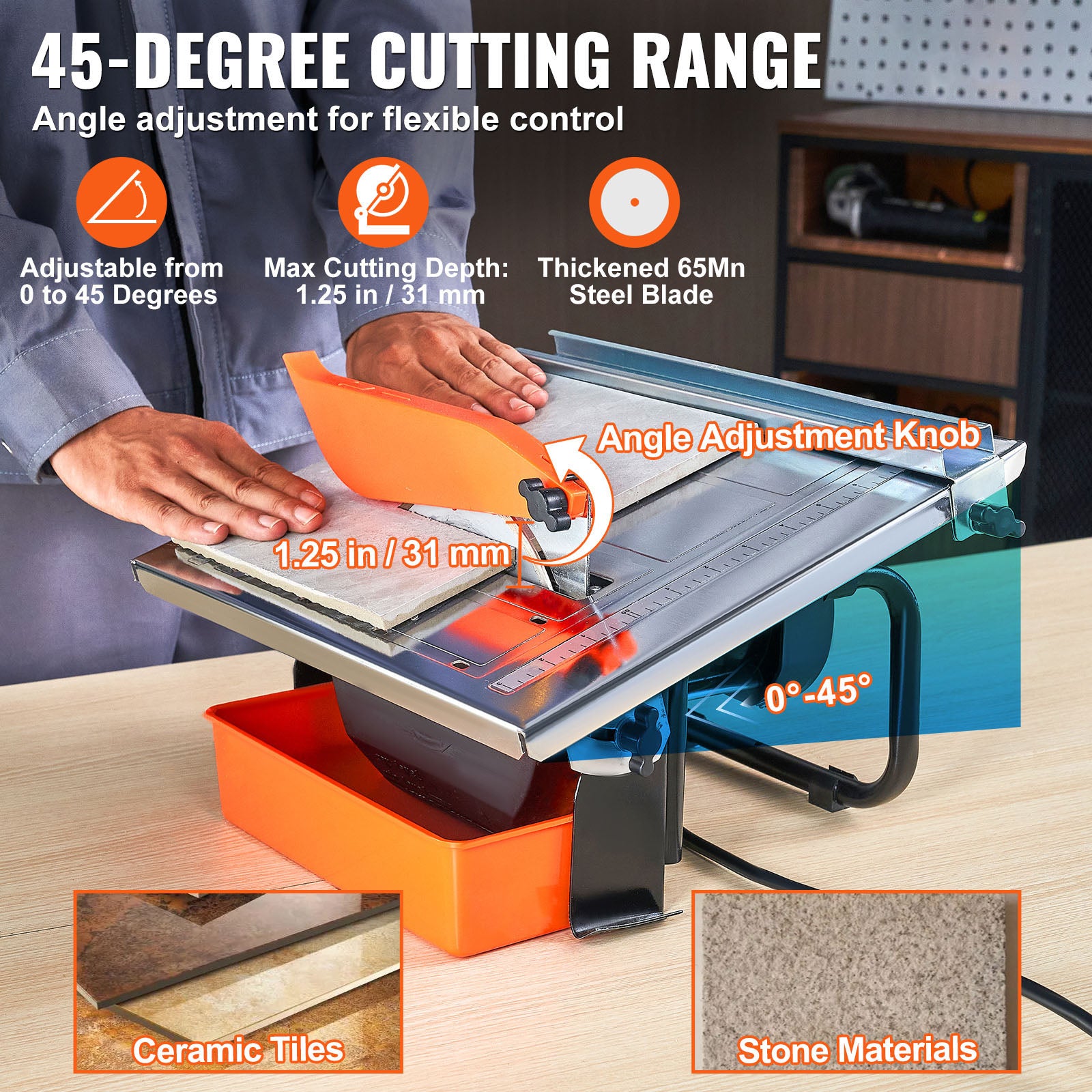 Wet Tile Saw, 7-inch 65Mn Steel Blade, 3500 RPM Induction Motor, Tile Cutter Wet Saw with Water Reservoir, 0-45 Degrees Miter Angle for Cutting Tiles and Stones, for DIY Enthusiasts