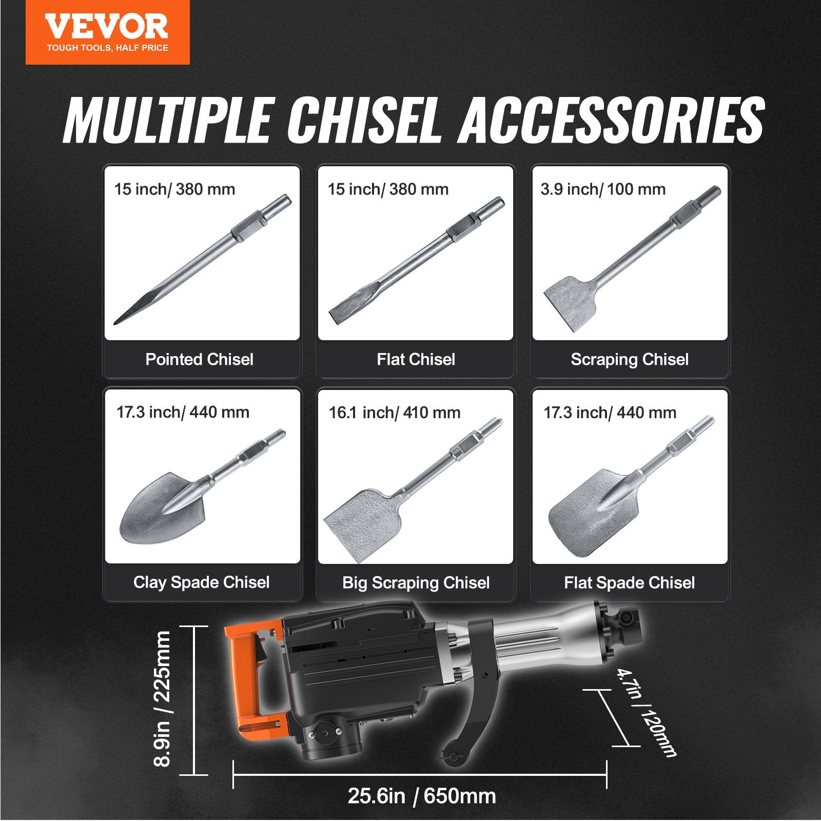 Demolition Jack Hammer, 1350 BPM Concrete Breaker 6pcs Chisels Bit Chipping with Case, 2200W Electric Jackhammer Heavy Duty, Black