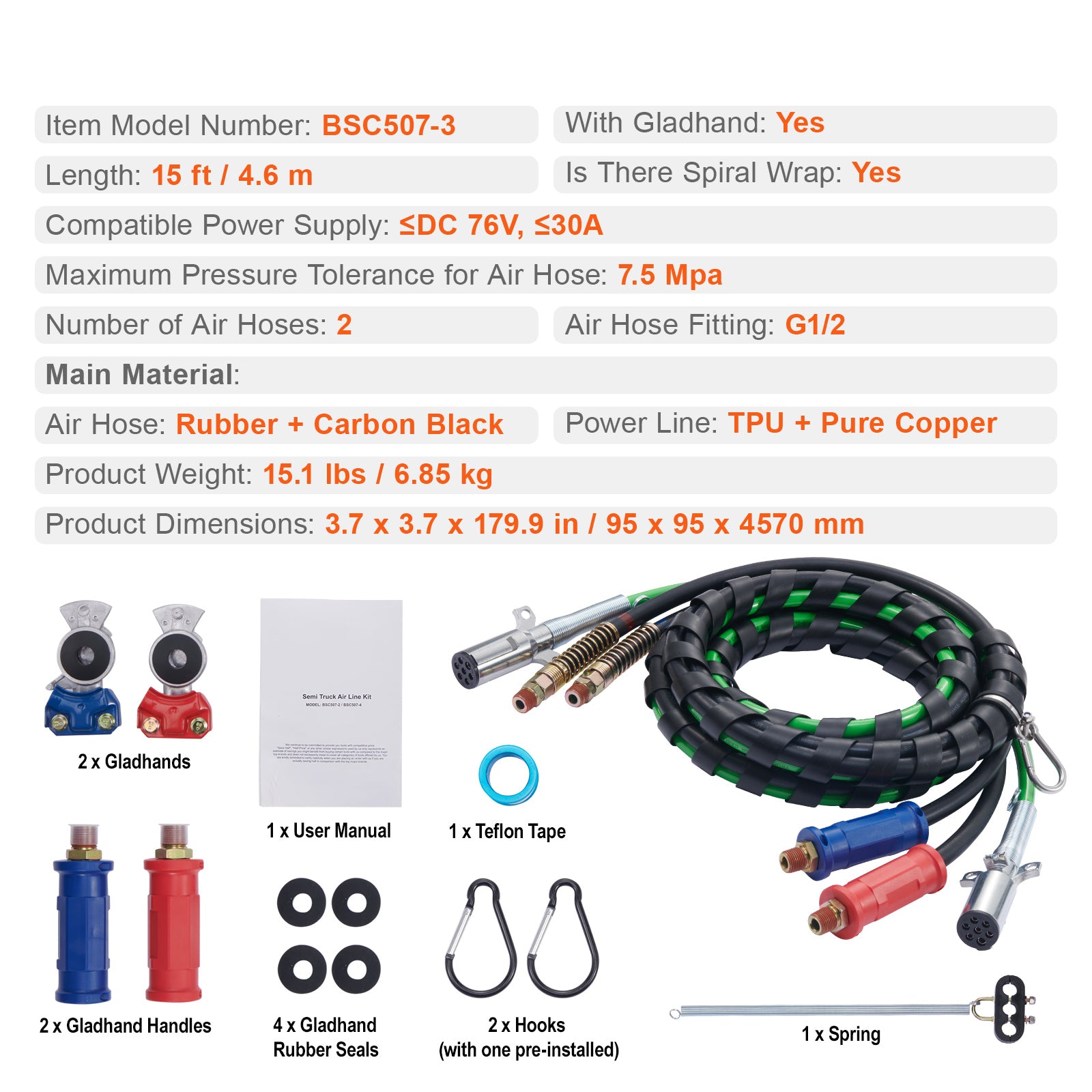 15FT Semi Truck Air Lines Kit with 2PCS Glad Hands, 3-in-1 Air Hoses & 7 Way ABS Electric Power Line, with 2PCS Gladhand Handles, 4PCS Seals and Tender Spring Kit for Semi Truck Trailer Tractor