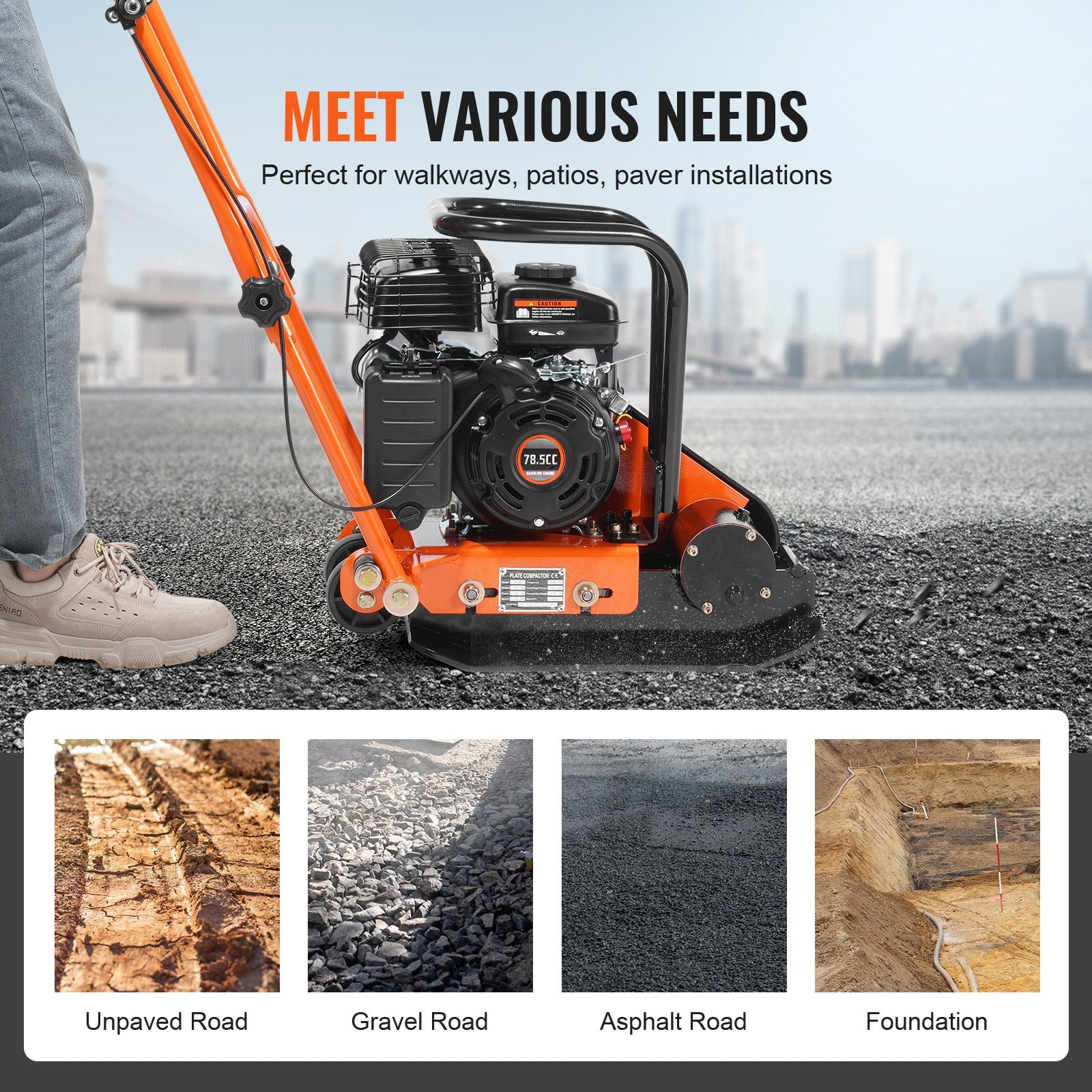 Plate Compactor, 2.8 HP 78.5CC Gas Engine 5,250 VPM, 1,920 lbs Force Vibratory Compaction Tamper with 18.7 x 11.8 inch Plate for Walkways, Patios, Asphalts, Paver Landscaping