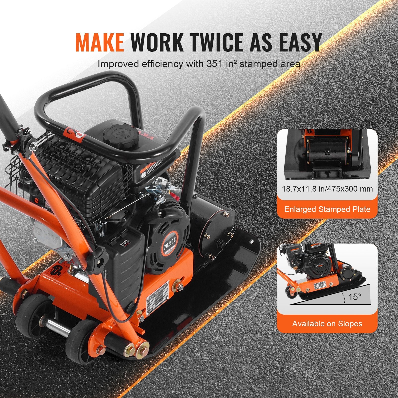 Plate Compactor, 2.8 HP 78.5CC Gas Engine 5,250 VPM, 1,920 lbs Force Vibratory Compaction Tamper with 18.7 x 11.8 inch Plate for Walkways, Patios, Asphalts, Paver Landscaping