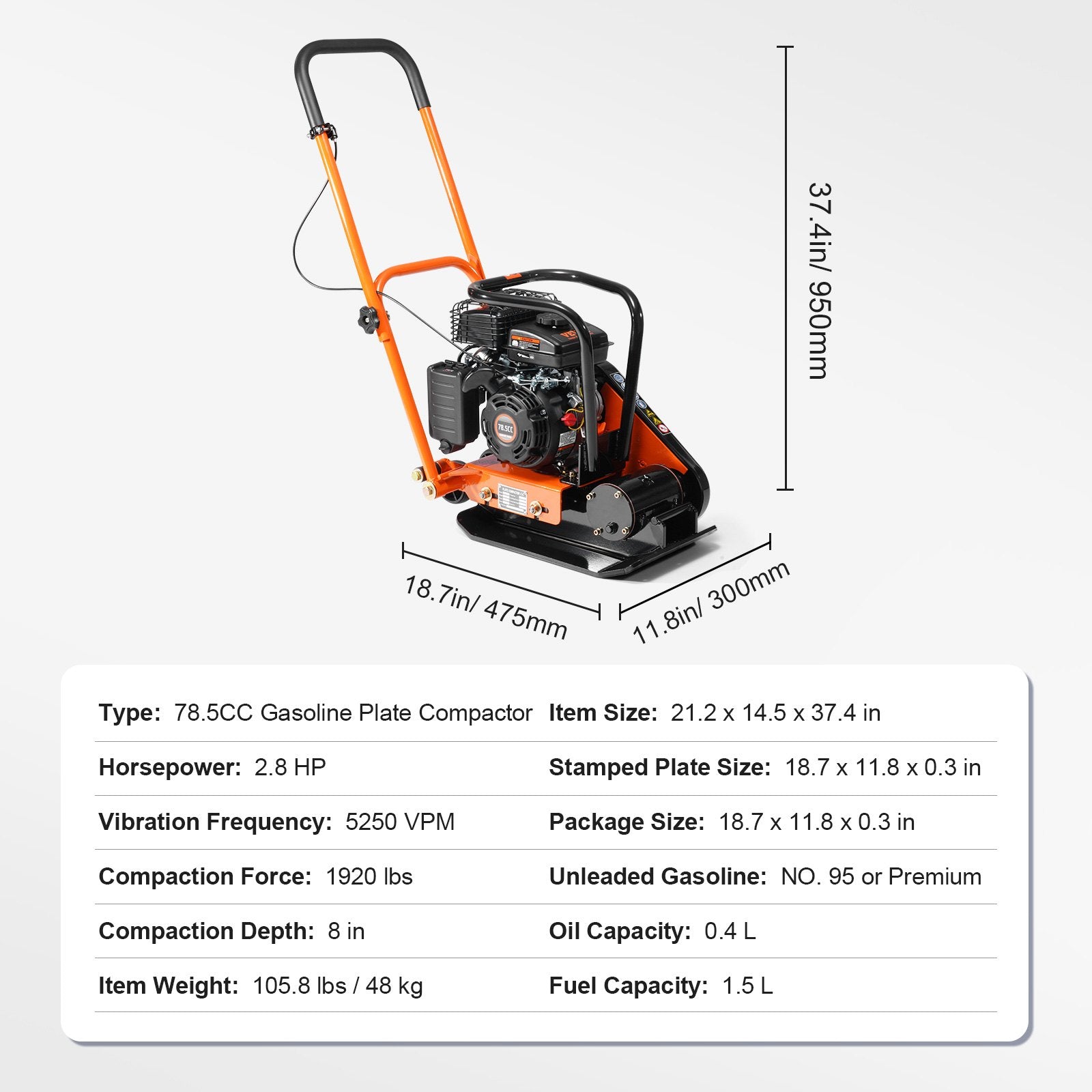 Plate Compactor, 2.8 HP 78.5CC Gas Engine 5,250 VPM, 1,920 lbs Force Vibratory Compaction Tamper with 18.7 x 11.8 inch Plate for Walkways, Patios, Asphalts, Paver Landscaping