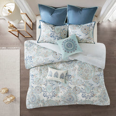 8 Piece Cotton Floral Printed Reversible Comforter Set Blue King