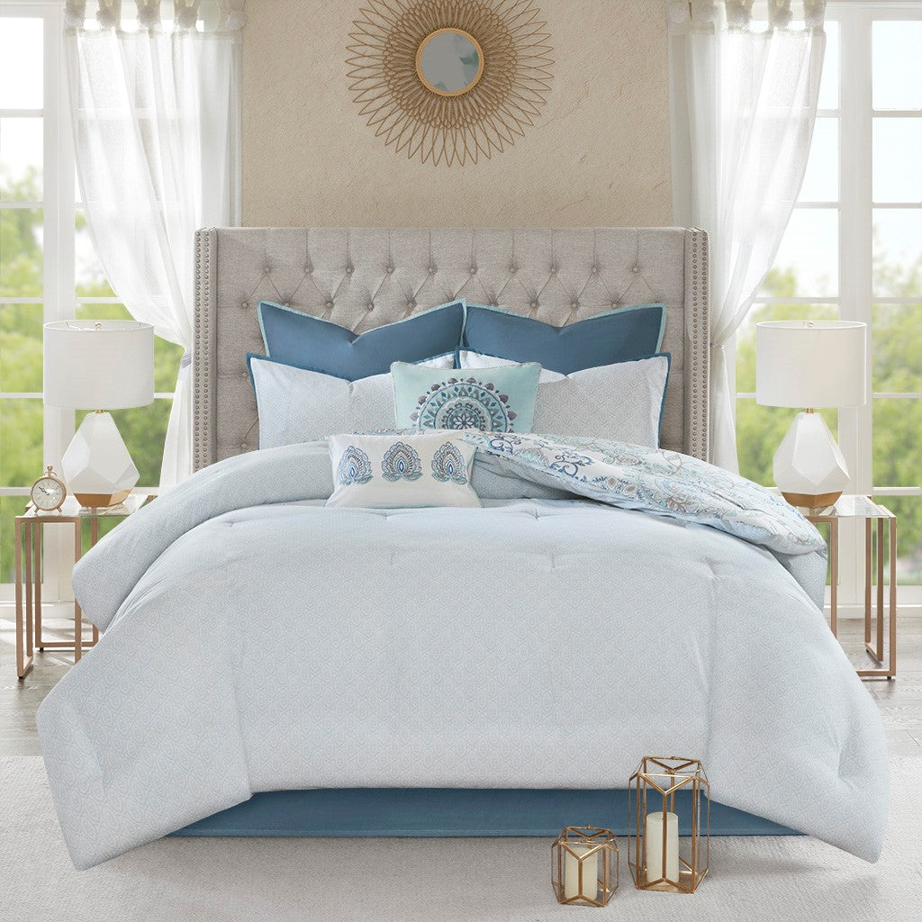 8 Piece Cotton Floral Printed Reversible Comforter Set Blue King
