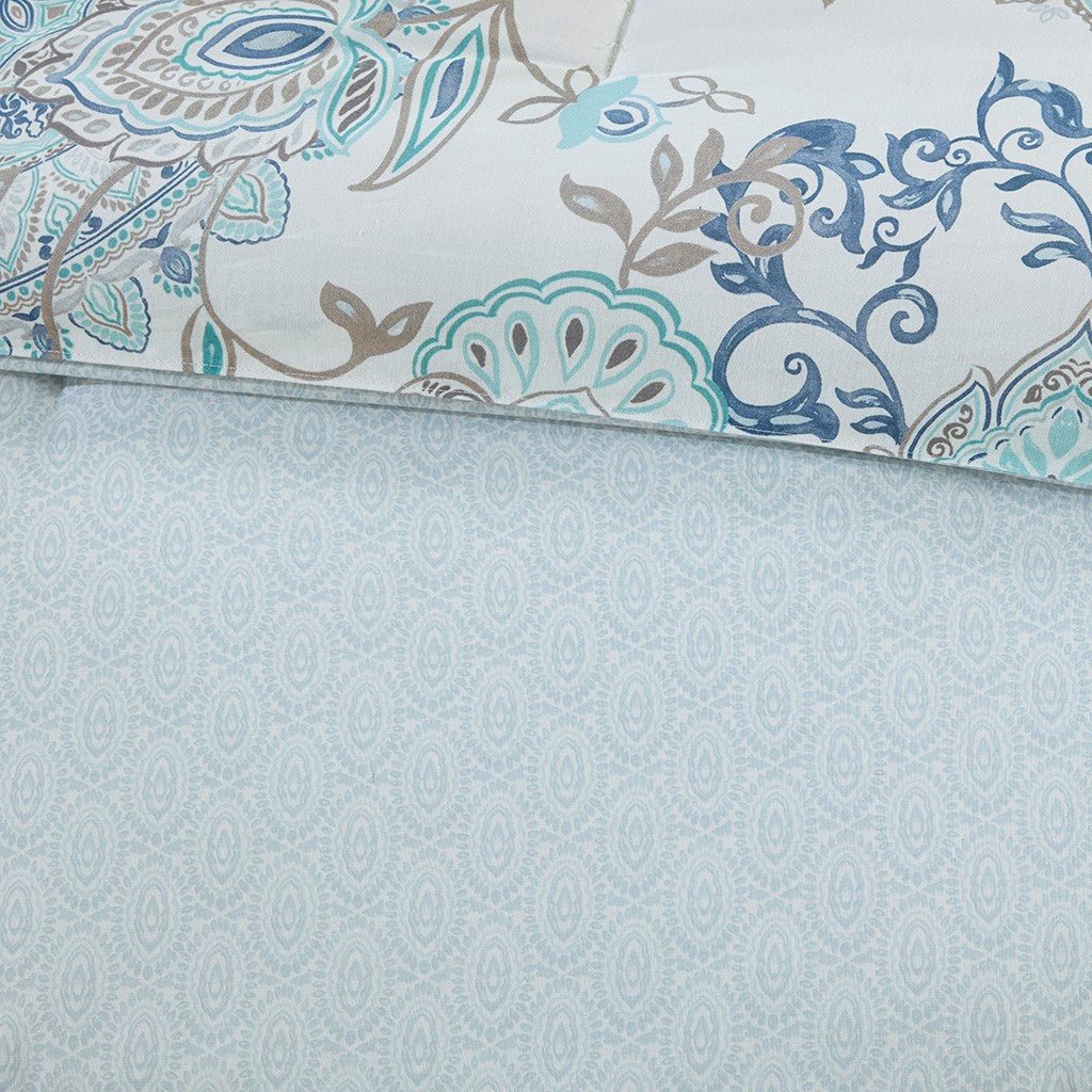 8 Piece Cotton Floral Printed Reversible Comforter Set Blue King