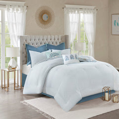 8 Piece Cotton Floral Printed Reversible Comforter Set Blue King