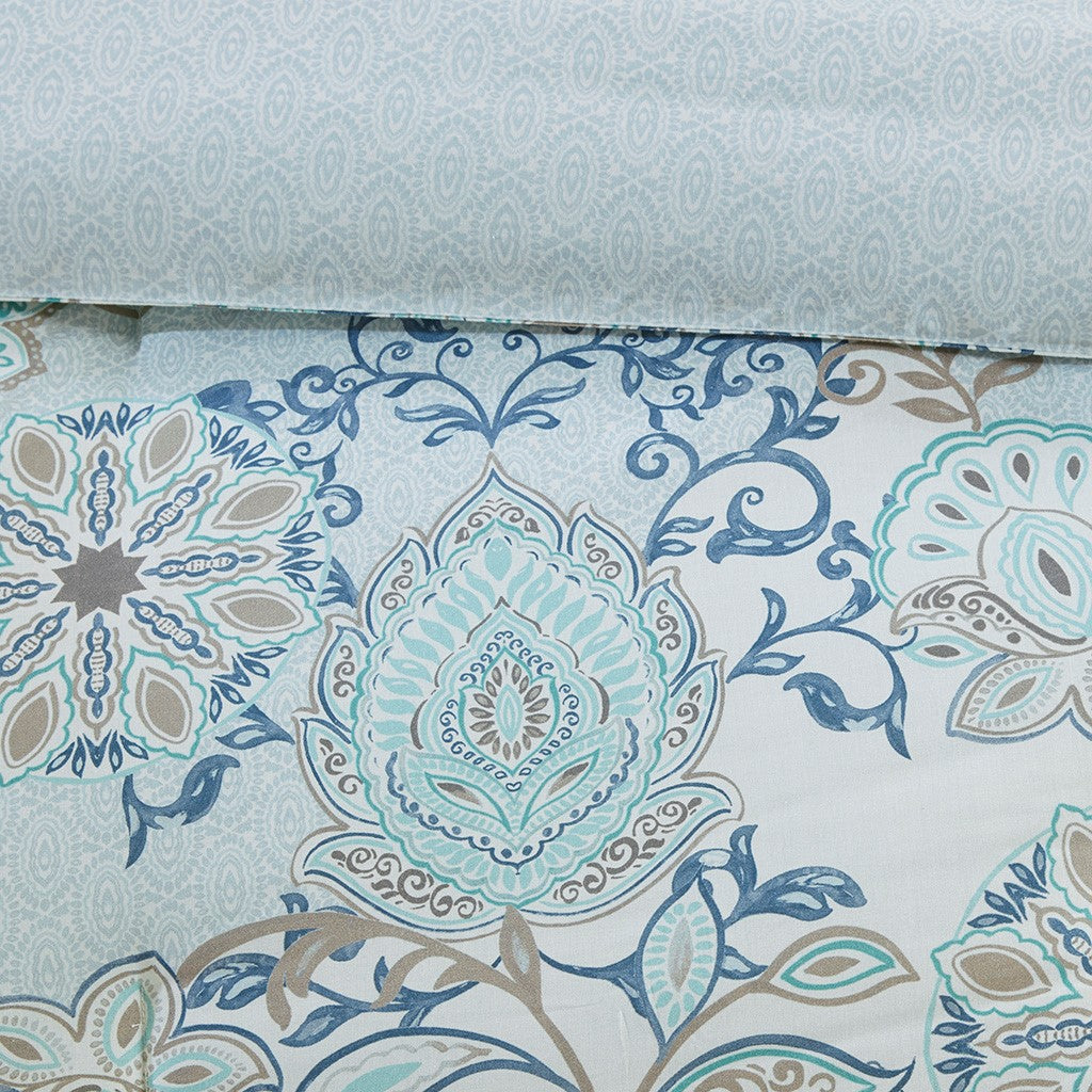 8 Piece Cotton Floral Printed Reversible Comforter Set Blue King