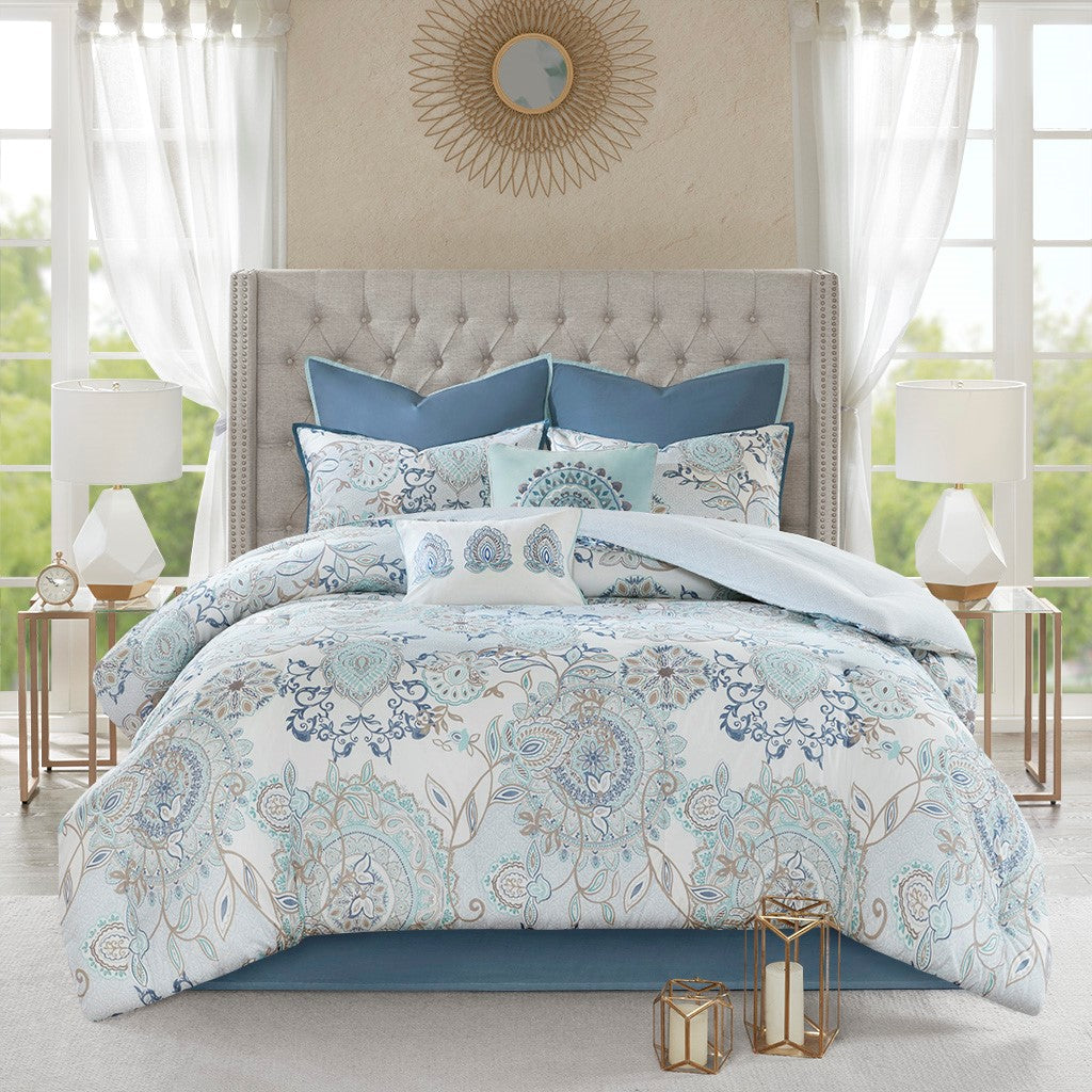 8 Piece Cotton Floral Printed Reversible Comforter Set Blue King