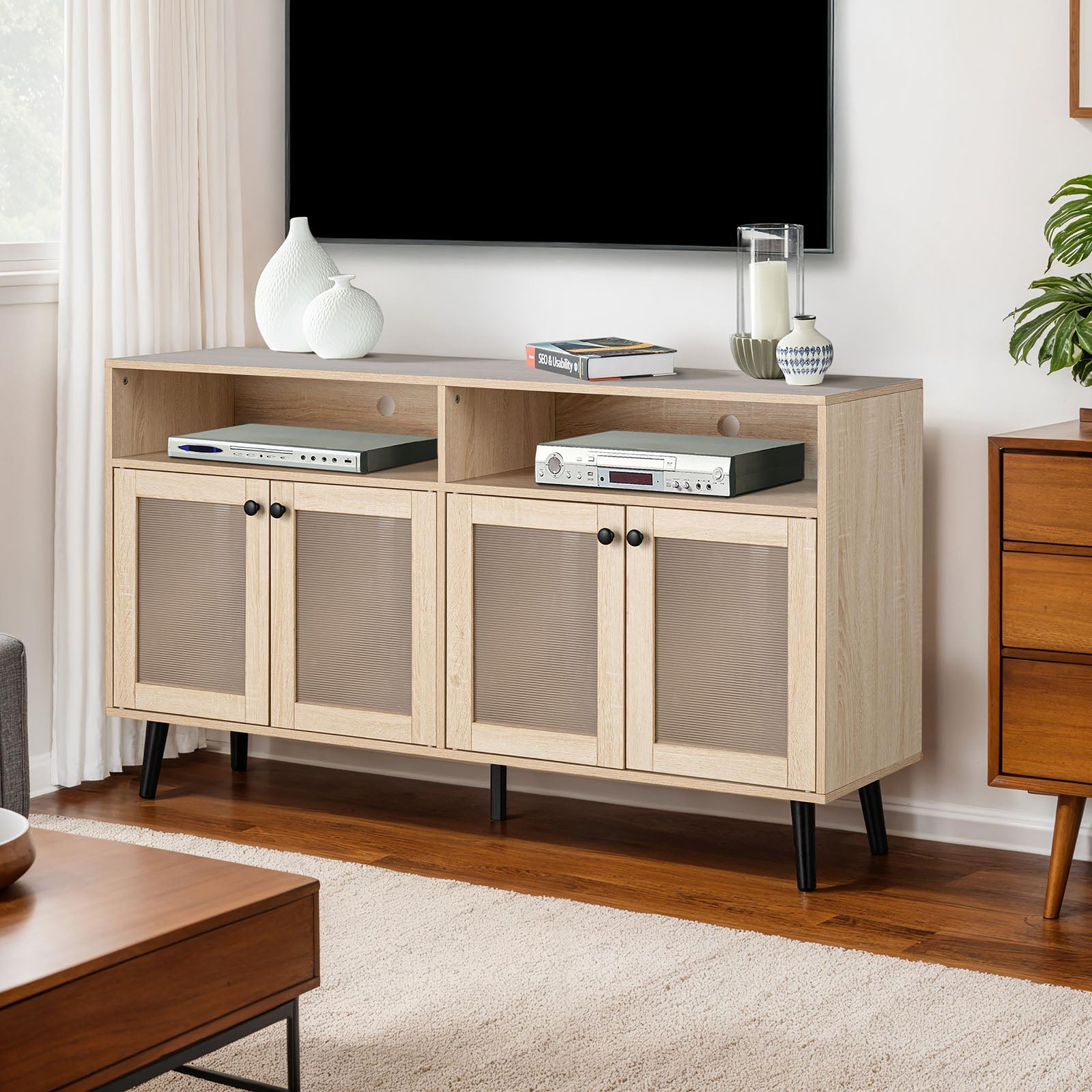 Mid-Century Modern TV Stand Tapered Leg Round Knobs Cabinet Doors Natural Finish Primary Living Room