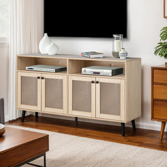 Mid-Century Modern TV Stand Tapered Leg Round Knobs Cabinet Doors Natural Finish Primary Living Room