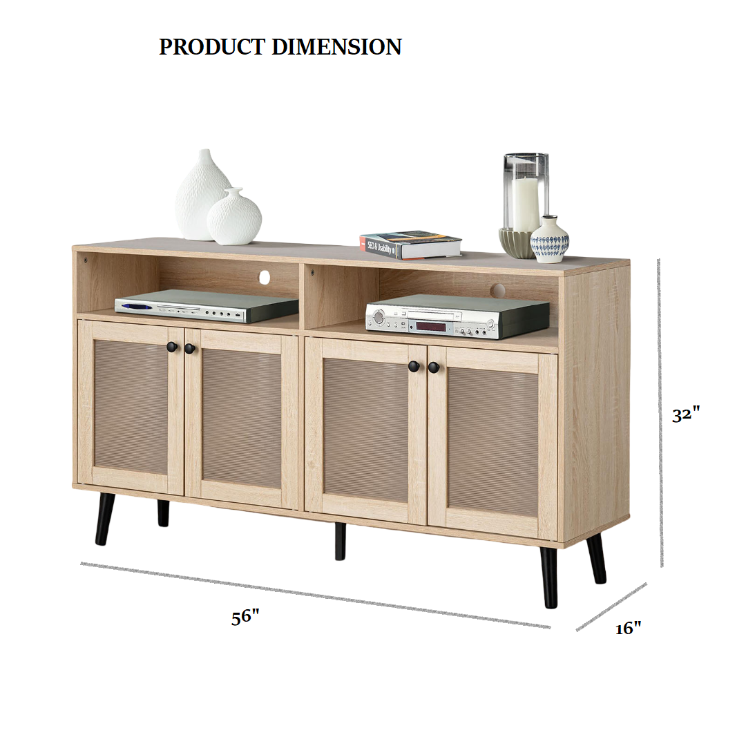 Mid-Century Modern TV Stand Tapered Leg Round Knobs Cabinet Doors Natural Finish Primary Living Room