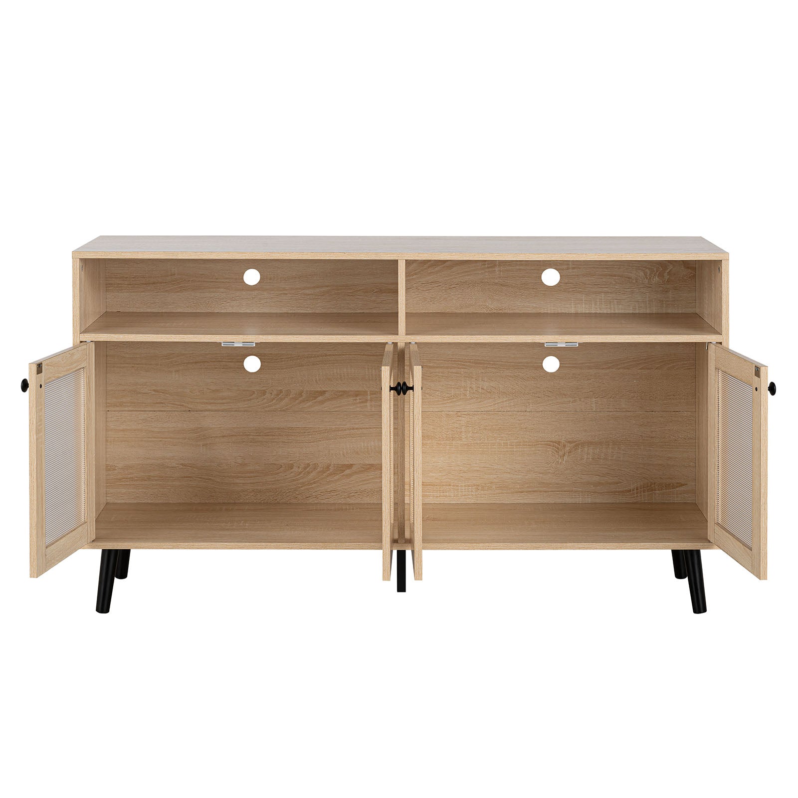 Mid-Century Modern TV Stand Tapered Leg Round Knobs Cabinet Doors Natural Finish Primary Living Room