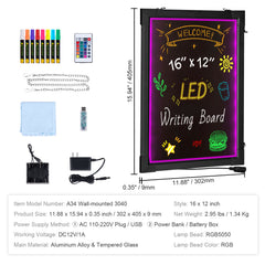 LED Message Writing Board, 16"x12" Illuminated Erasable Lighted Chalkboard, Neon Effect Menu Sign Board, Drawing Board with 8 Fluorescent Chalk Markers and Remote Control, for Home Wedding Shop