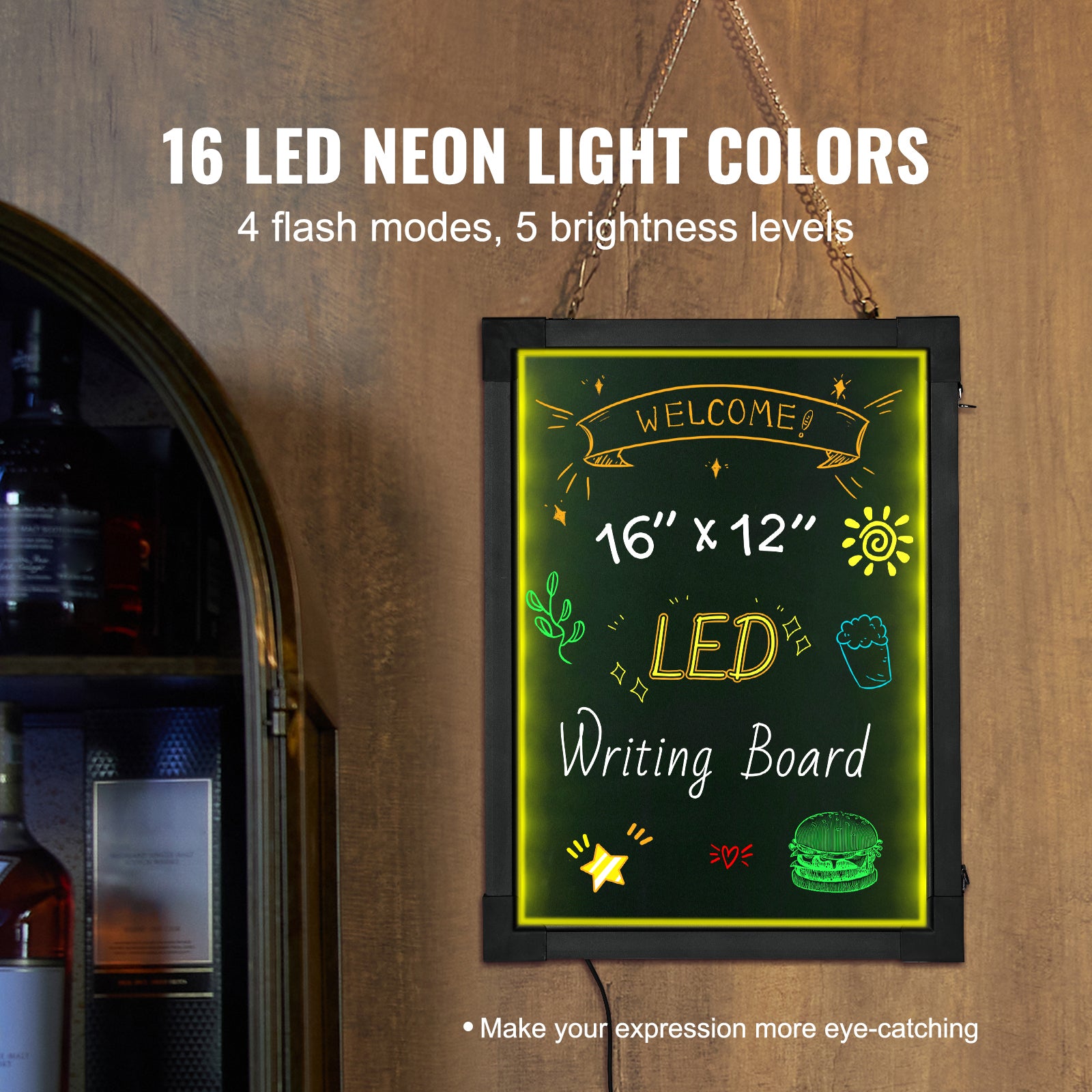 LED Message Writing Board, 16"x12" Illuminated Erasable Lighted Chalkboard, Neon Effect Menu Sign Board, Drawing Board with 8 Fluorescent Chalk Markers and Remote Control, for Home Wedding Shop