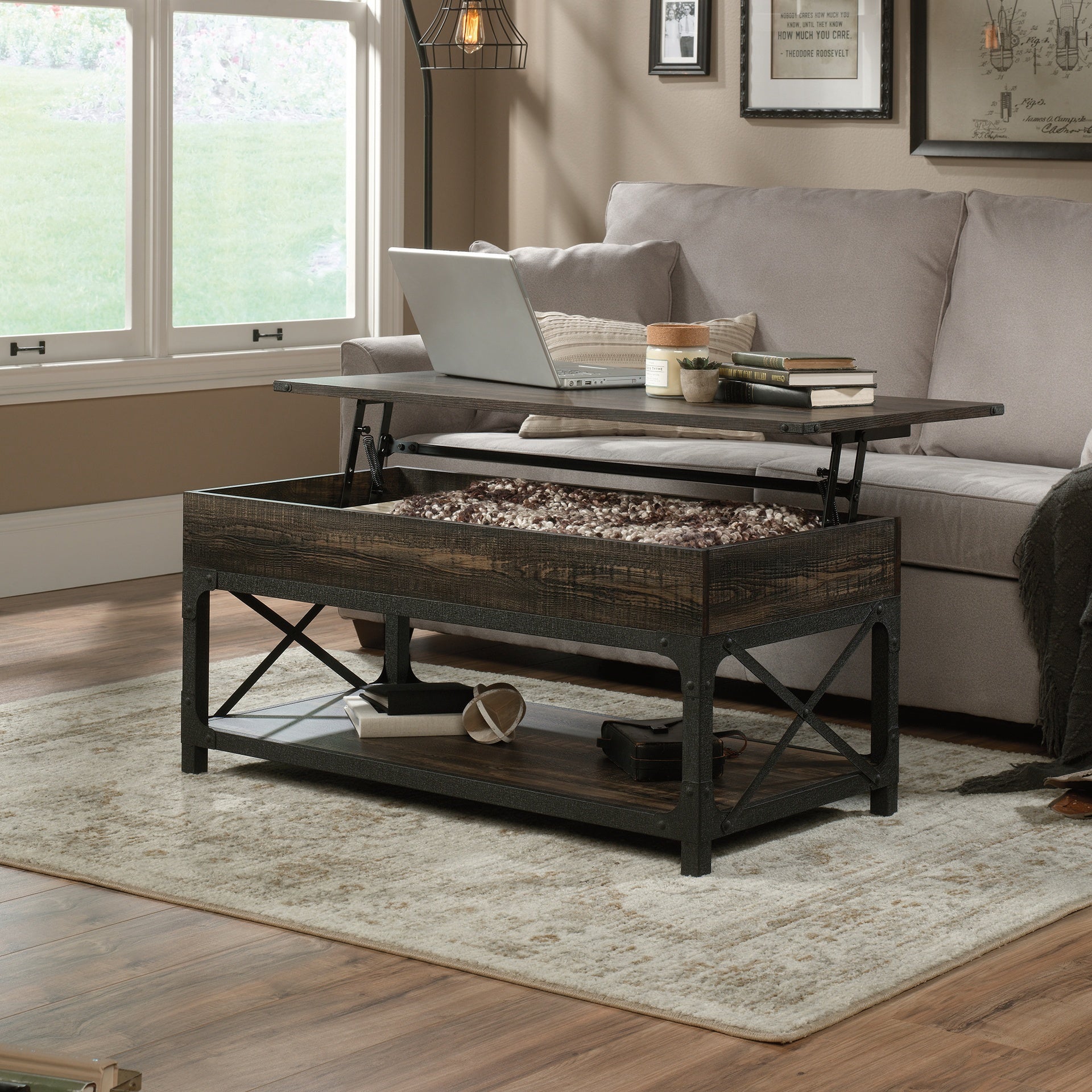 Lift-Top Coffee Table with Industrial Style, Brown finish