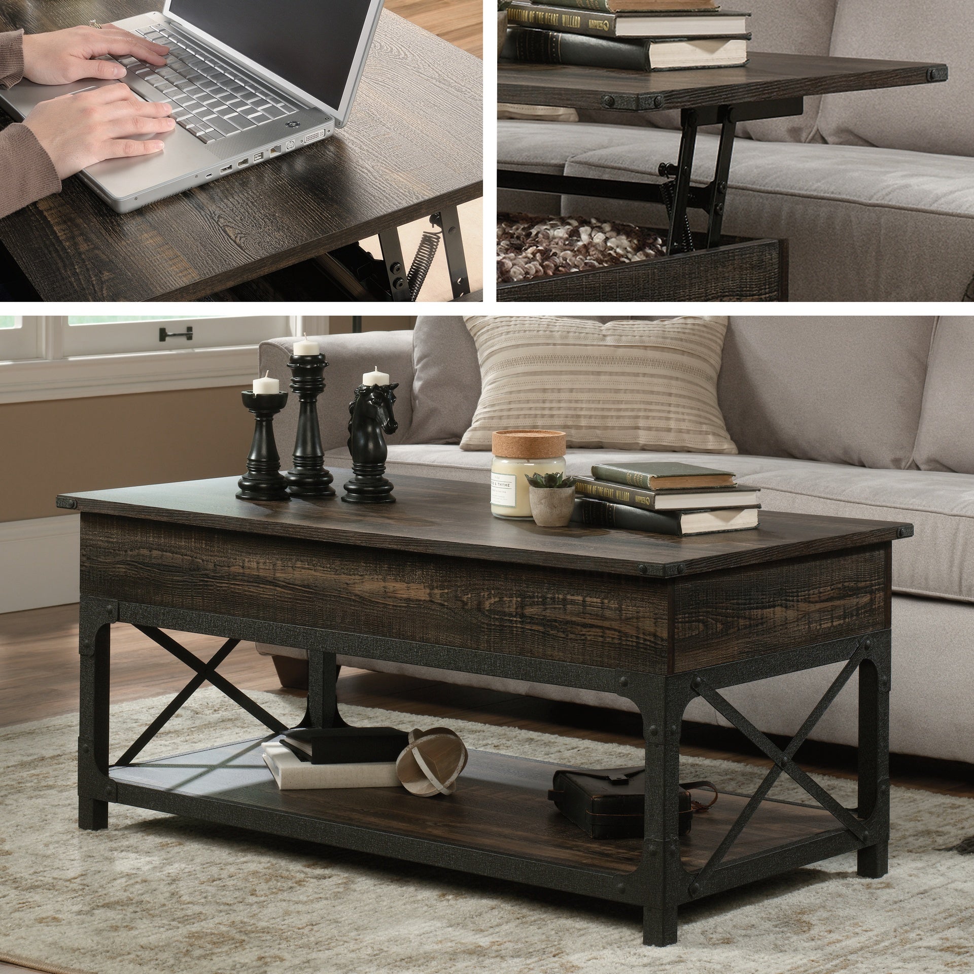 Lift-Top Coffee Table with Industrial Style, Brown finish