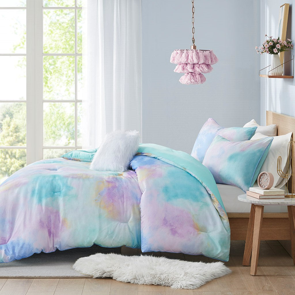 King/Cal King Watercolor Tie Dye Printed Comforter Set with Throw Pillow