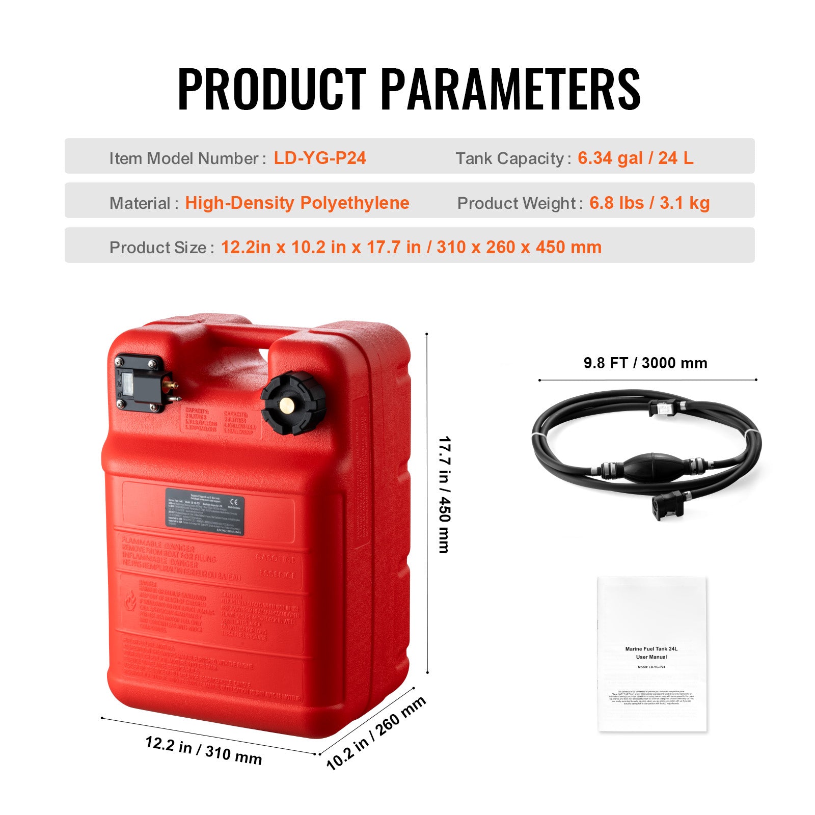 Marine Fuel Tank, 6.34 Gallon/24L, Portable Boat Fuel Gas Tank for Outboard Engine Boats, Plastic Outboard Marine Boat Fuel Tank with Hose, Easy to Carry for Yacht, Fishing Boat, Deck Boat, Red