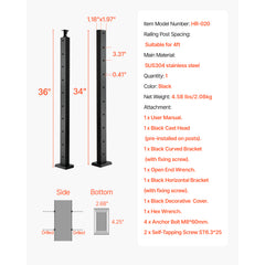 Cable Railing Post, 36x1x2 Inch Level Deck Stair Posts, 1-Pack Stainless Steel Cable Handrail Post, Pre-Drilled Pickets with Mounting Bracket Stair Railing Kit, Black, 1JZLGZXHS914LZA6X001V0