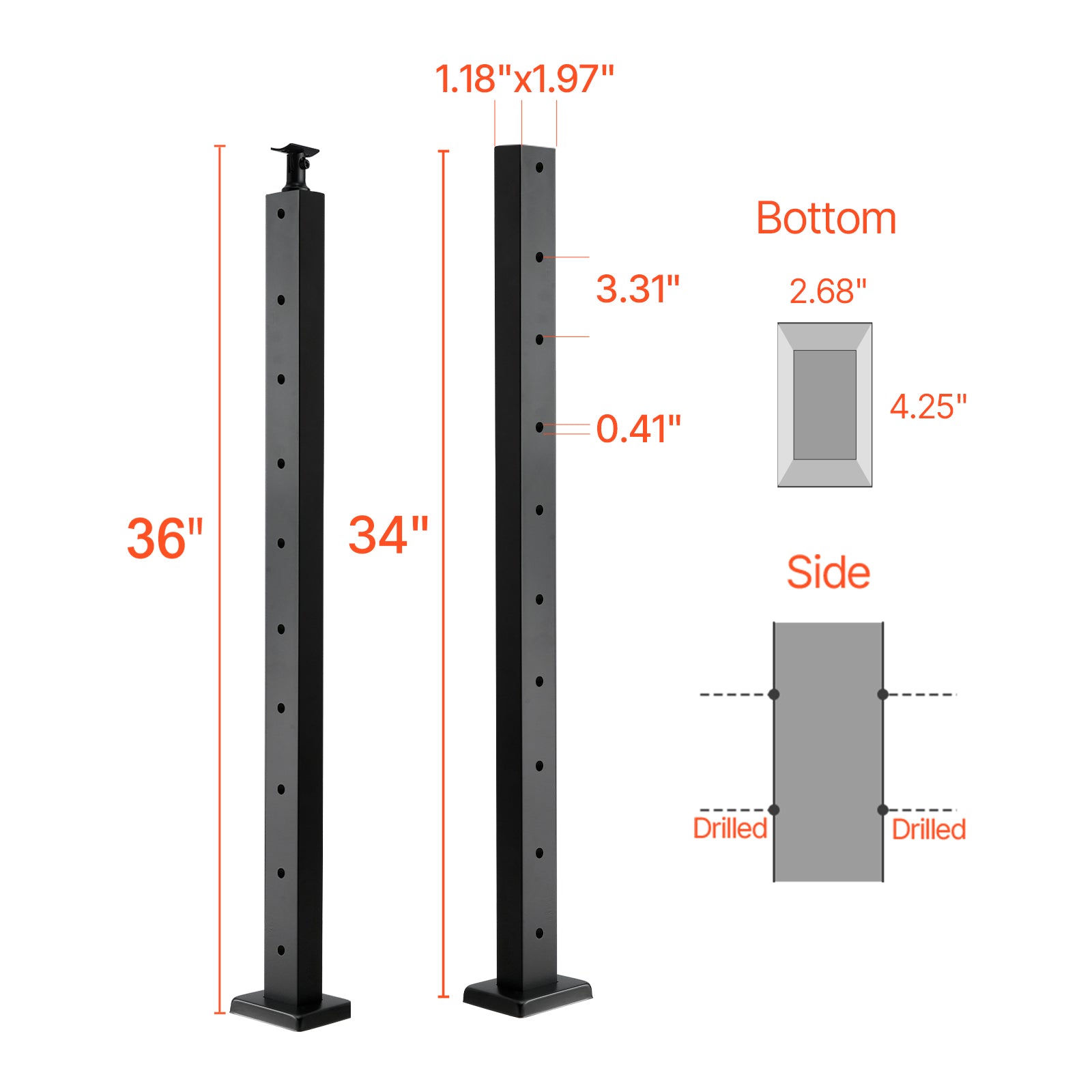 Cable Railing Post, 36x1x2 Inch Level Deck Stair Posts, 1-Pack Stainless Steel Cable Handrail Post, Pre-Drilled Pickets with Mounting Bracket Stair Railing Kit, Black, 1JZLGZXHS914LZA6X001V0