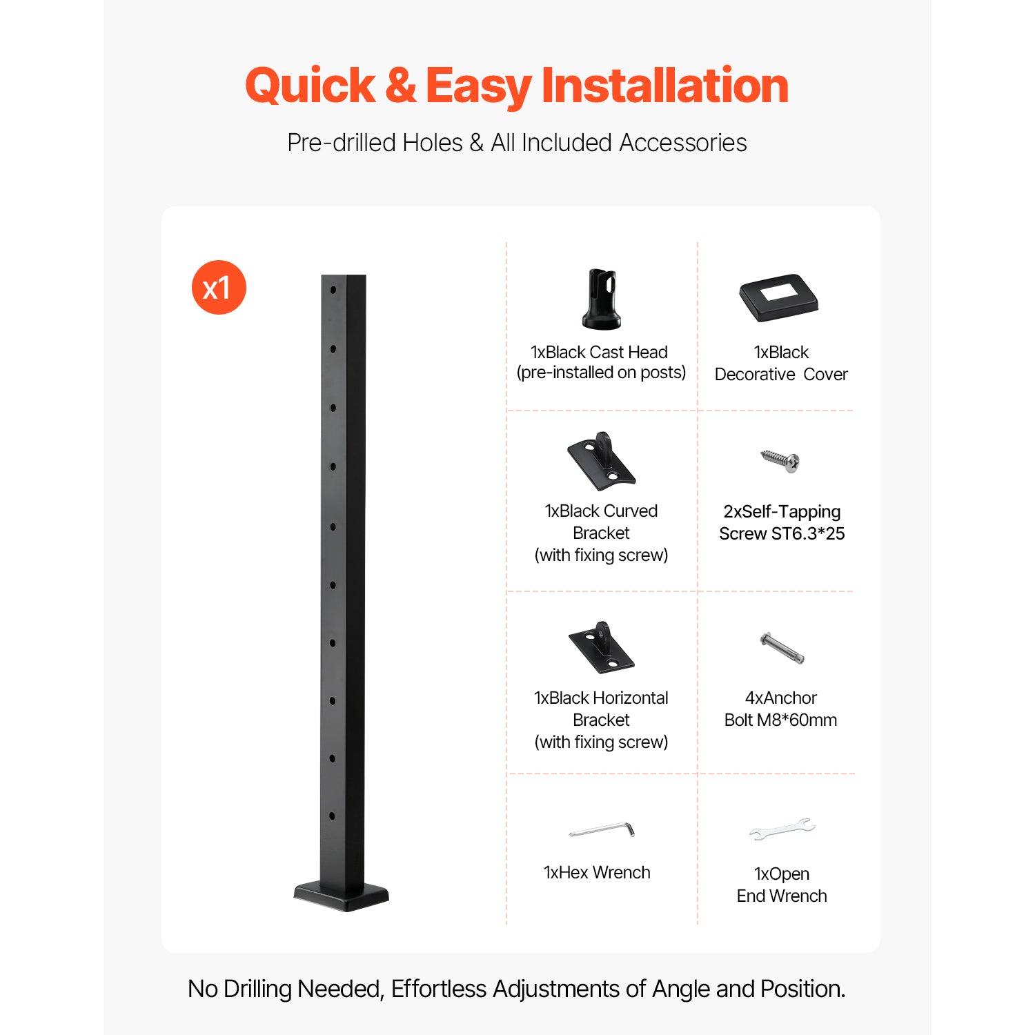 Cable Railing Post, 36x1x2 Inch Level Deck Stair Posts, 1-Pack Stainless Steel Cable Handrail Post, Pre-Drilled Pickets with Mounting Bracket Stair Railing Kit, Black, 1JZLGZXHS914LZA6X001V0