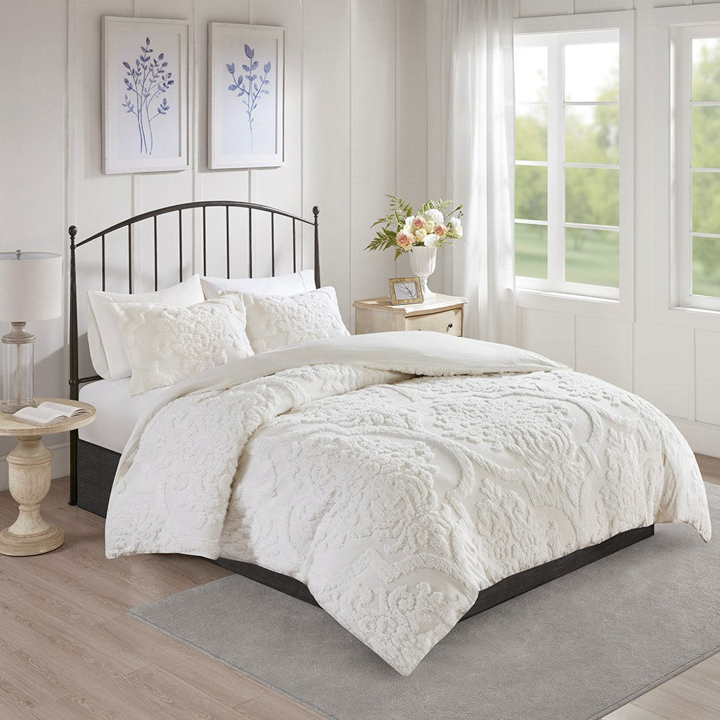 King/Cal King 3 Piece Tufted Cotton Chenille Damask Duvet Cover Set