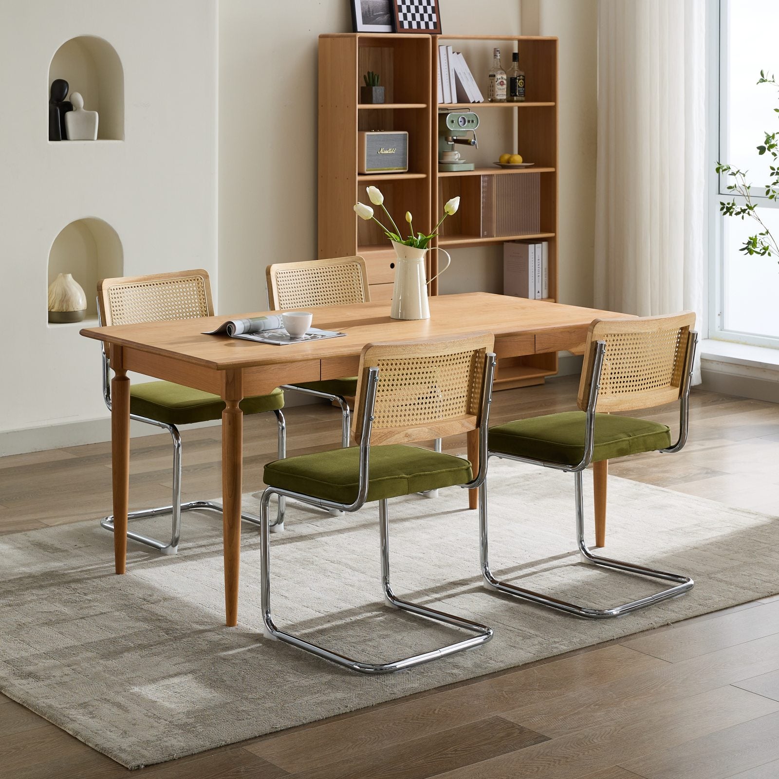 Mid Century Modern Dining Chairs Set of 2, Velvet Accent Chairs with Natural Cane Back & Stainless Chrome Base, Famous Breuer Designed Chairs, Upholstered Rattan Kitchen Chairs,Olive-Green