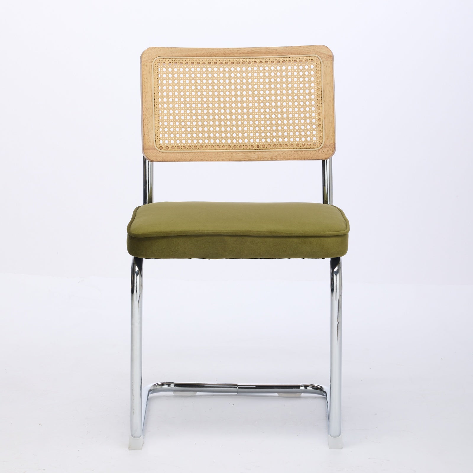 Mid Century Modern Dining Chairs Set of 2, Velvet Accent Chairs with Natural Cane Back & Stainless Chrome Base, Famous Breuer Designed Chairs, Upholstered Rattan Kitchen Chairs,Olive-Green