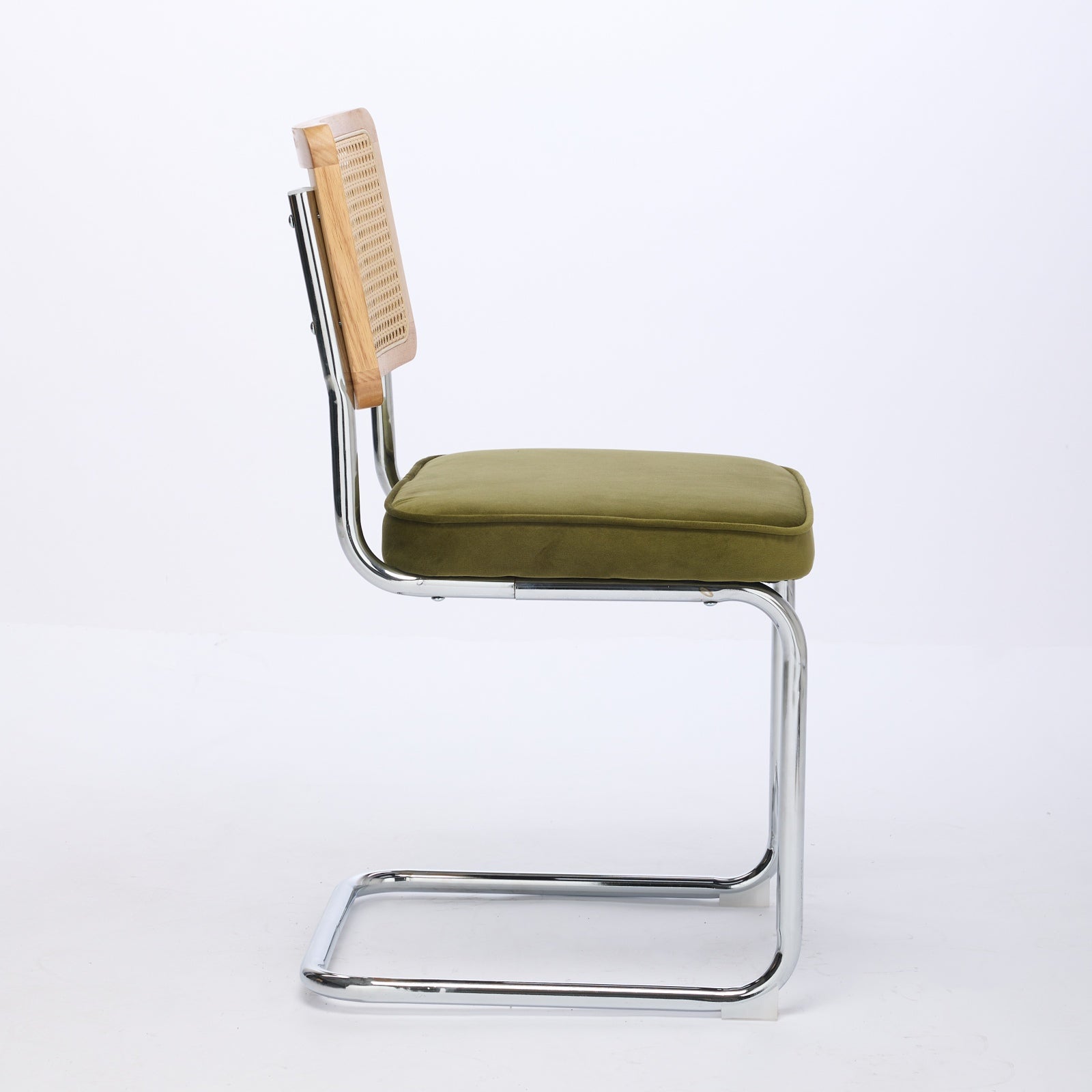 Mid Century Modern Dining Chairs Set of 2, Velvet Accent Chairs with Natural Cane Back & Stainless Chrome Base, Famous Breuer Designed Chairs, Upholstered Rattan Kitchen Chairs,Olive-Green