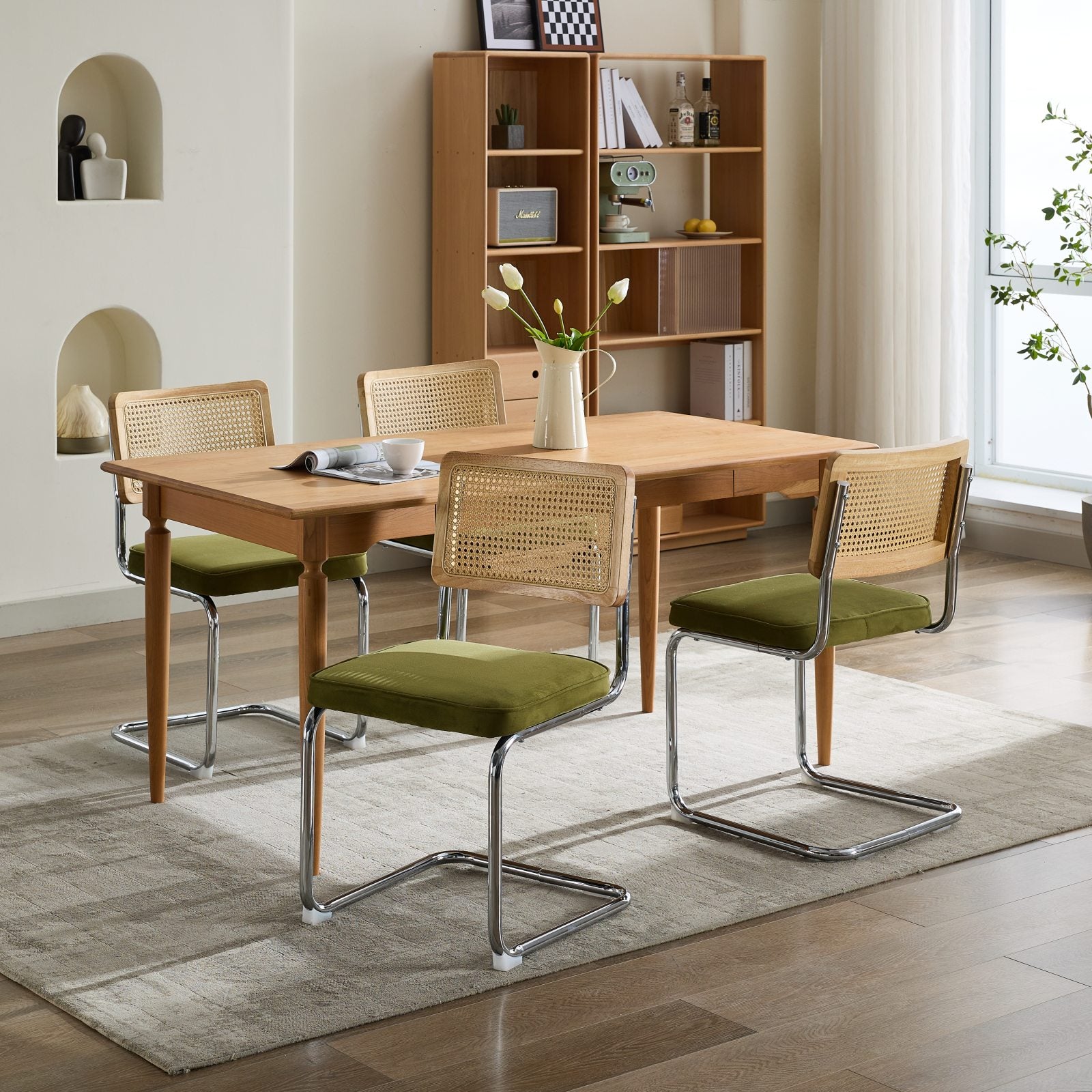 Mid Century Modern Dining Chairs Set of 2, Velvet Accent Chairs with Natural Cane Back & Stainless Chrome Base, Famous Breuer Designed Chairs, Upholstered Rattan Kitchen Chairs,Olive-Green