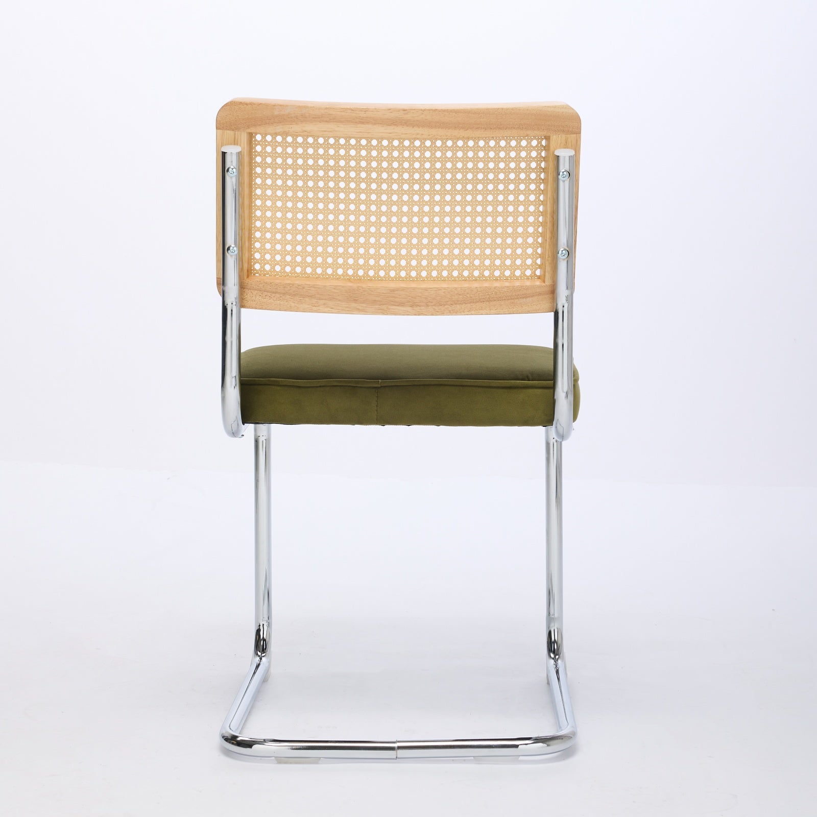 Mid Century Modern Dining Chairs Set of 2, Velvet Accent Chairs with Natural Cane Back & Stainless Chrome Base, Famous Breuer Designed Chairs, Upholstered Rattan Kitchen Chairs,Olive-Green