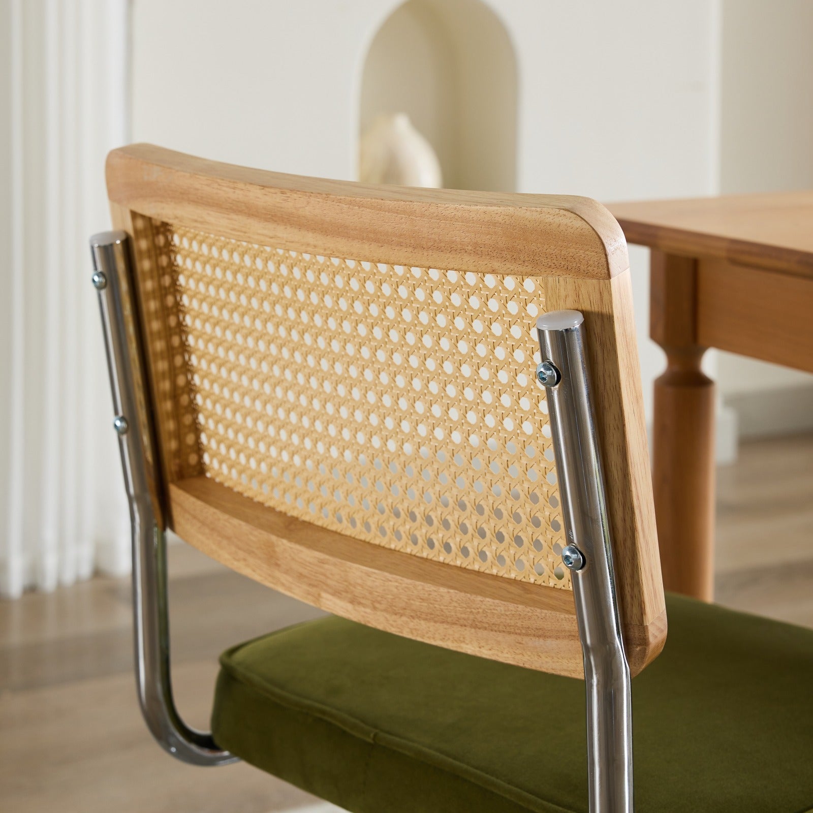 Mid Century Modern Dining Chairs Set of 2, Velvet Accent Chairs with Natural Cane Back & Stainless Chrome Base, Famous Breuer Designed Chairs, Upholstered Rattan Kitchen Chairs,Olive-Green