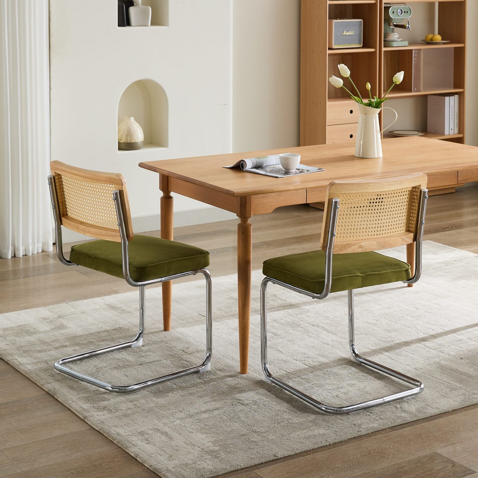 Mid Century Modern Dining Chairs Set of 2, Velvet Accent Chairs with Natural Cane Back & Stainless Chrome Base, Famous Breuer Designed Chairs, Upholstered Rattan Kitchen Chairs,Olive-Green