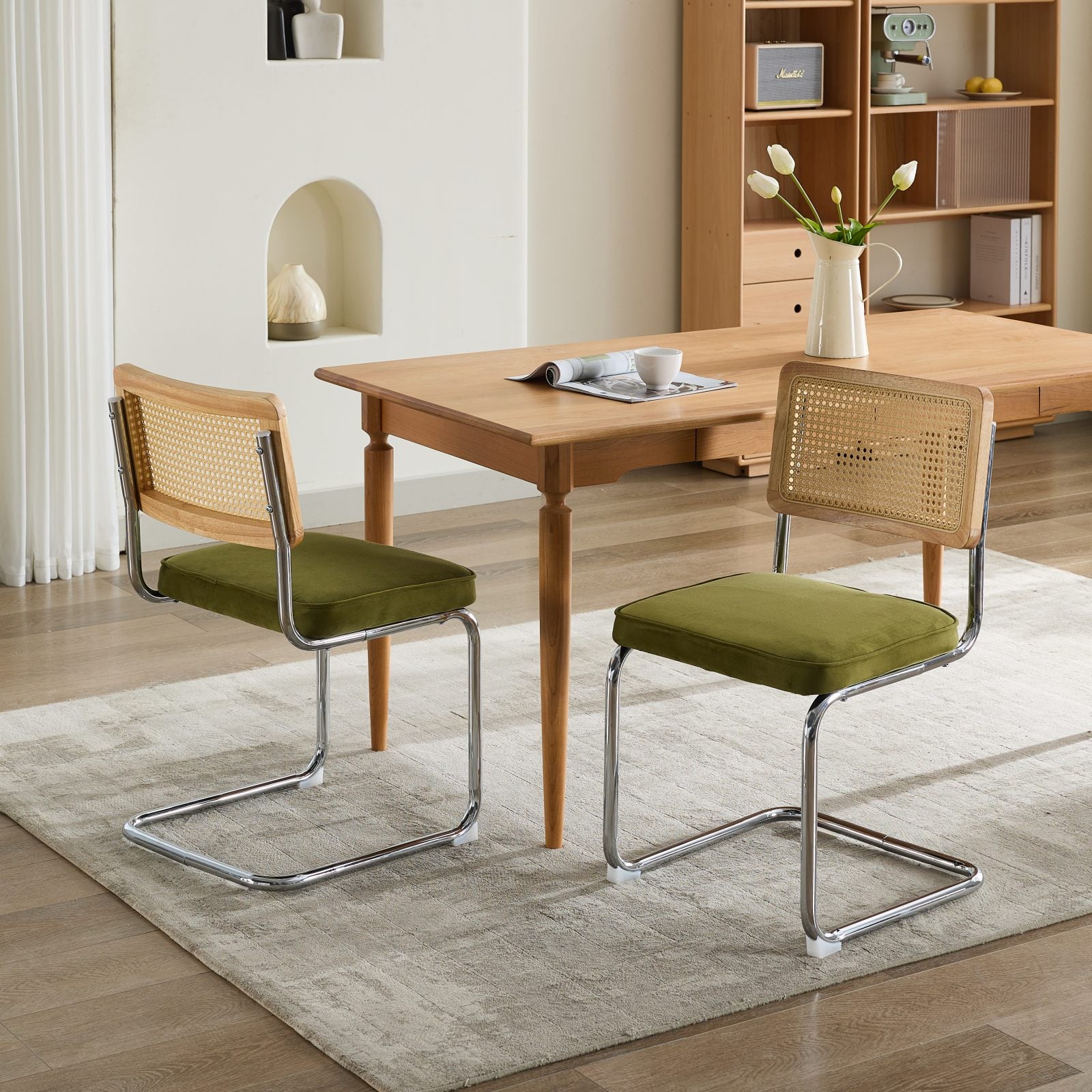 Mid Century Modern Dining Chairs Set of 2, Velvet Accent Chairs with Natural Cane Back & Stainless Chrome Base, Famous Breuer Designed Chairs, Upholstered Rattan Kitchen Chairs,Olive-Green