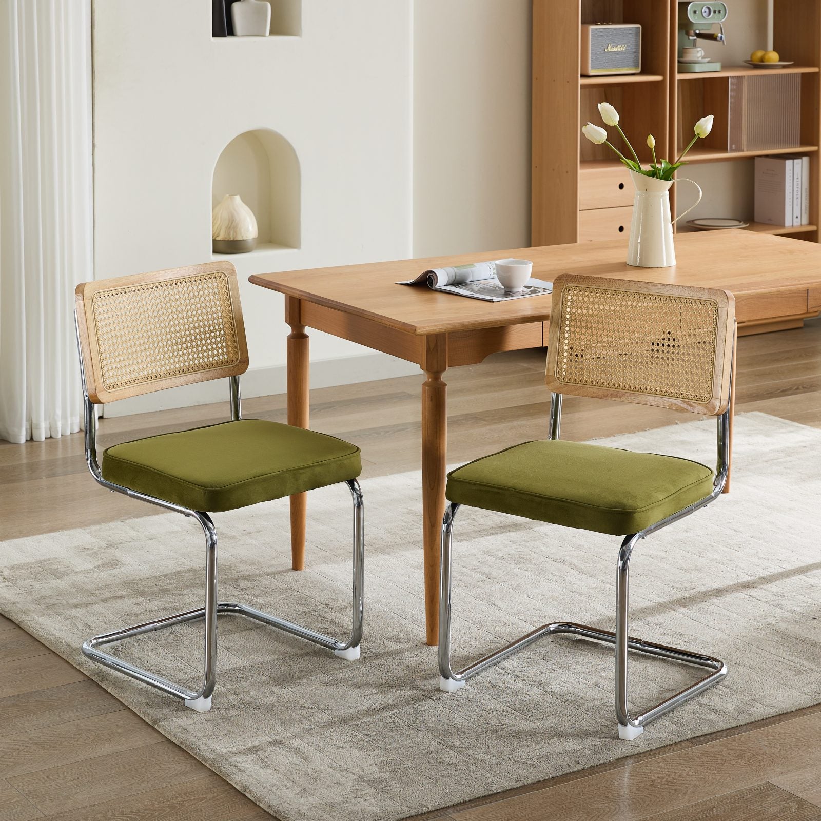 Mid Century Modern Dining Chairs Set of 2, Velvet Accent Chairs with Natural Cane Back & Stainless Chrome Base, Famous Breuer Designed Chairs, Upholstered Rattan Kitchen Chairs,Olive-Green