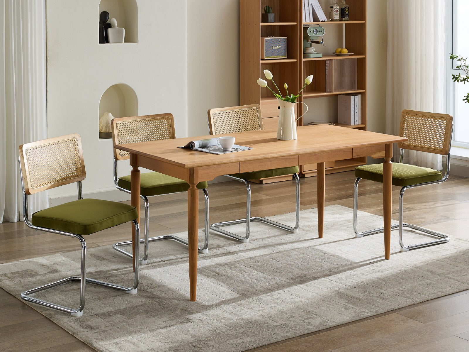 Mid Century Modern Dining Chairs Set of 2, Velvet Accent Chairs with Natural Cane Back & Stainless Chrome Base, Famous Breuer Designed Chairs, Upholstered Rattan Kitchen Chairs,Olive-Green