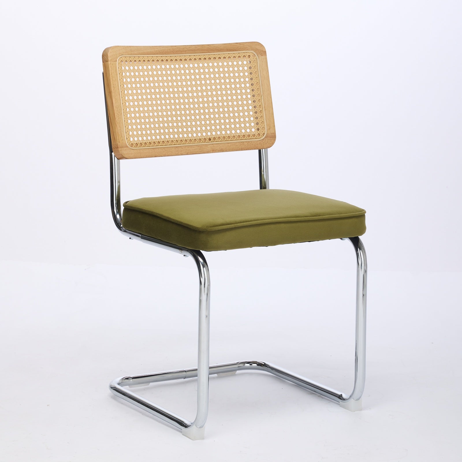 Mid Century Modern Dining Chairs Set of 2, Velvet Accent Chairs with Natural Cane Back & Stainless Chrome Base, Famous Breuer Designed Chairs, Upholstered Rattan Kitchen Chairs,Olive-Green
